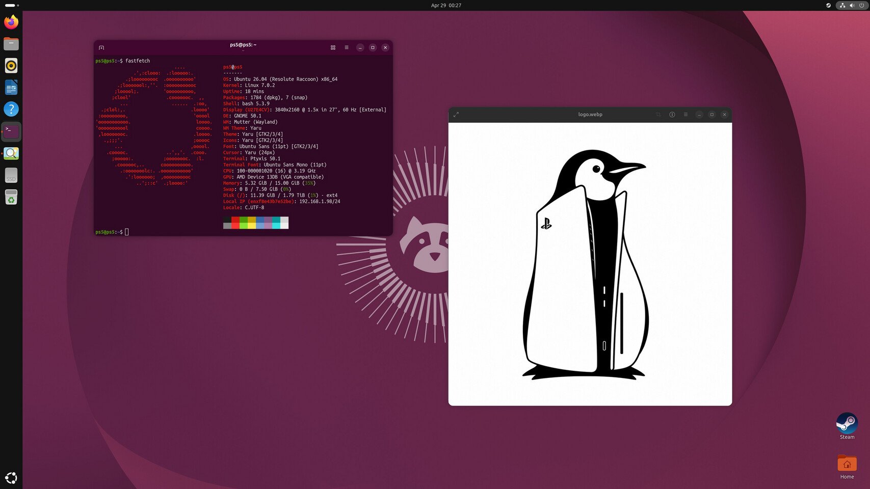Ubuntu GNOME desktop with a purple wallpaper a terminal window showing system info and a separate image window displaying a large blackandwhite penguin on a white background