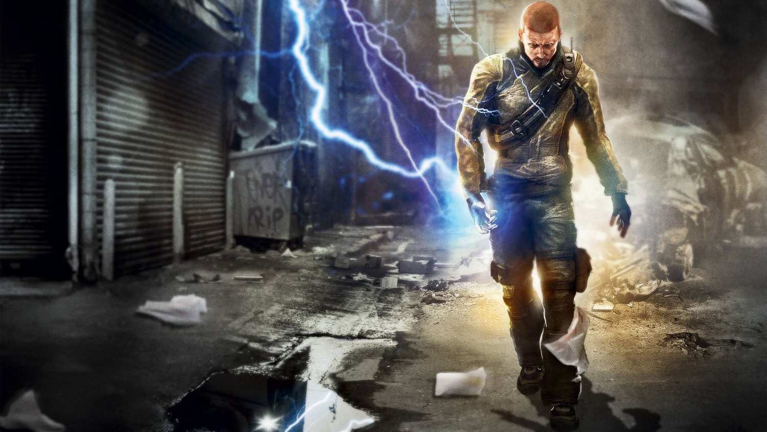 A rugged soldier walks through a ruined city street with blue lightning crackling around him carrying gear and a weapon