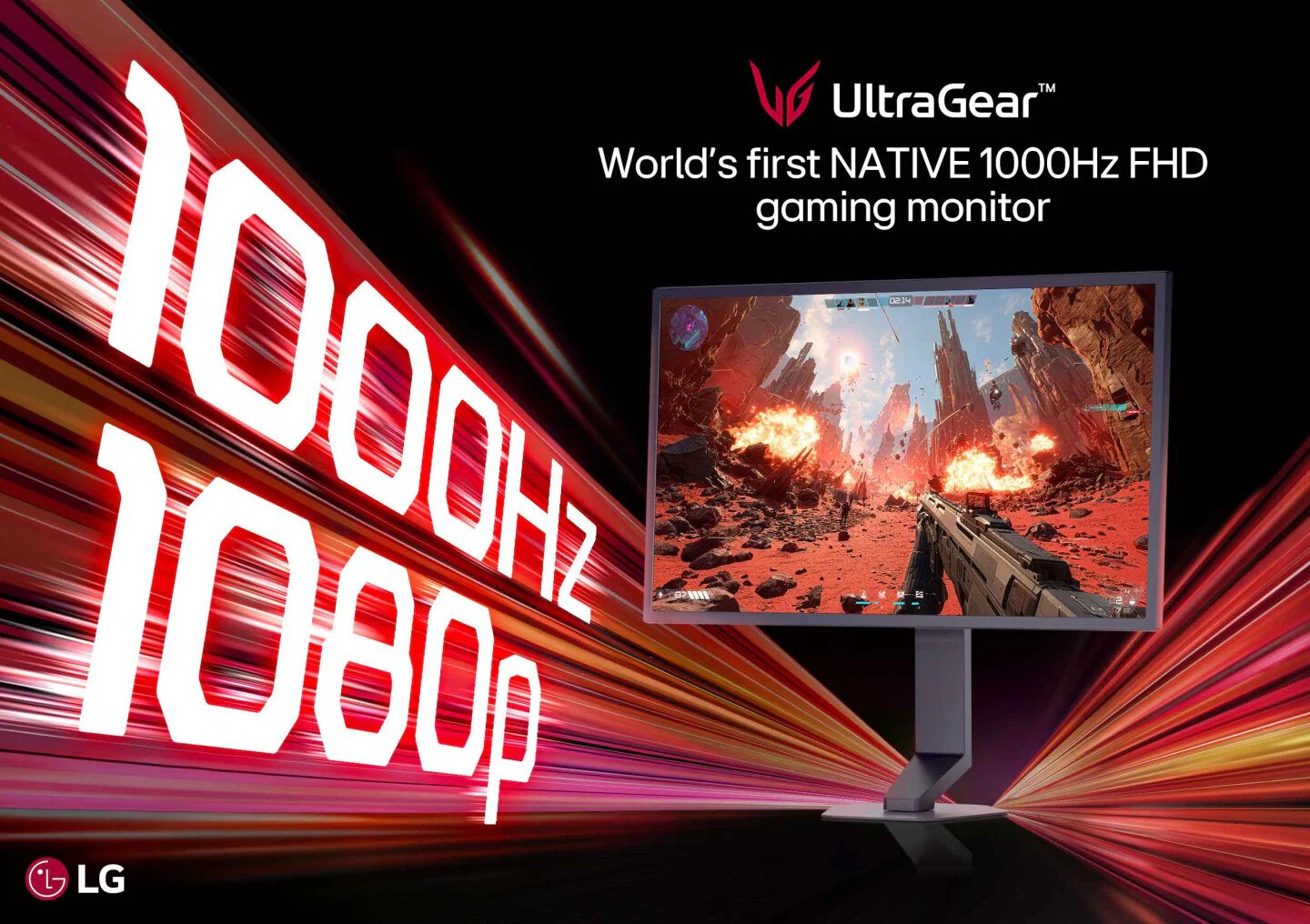 LG UltraGear banner advertising a 1000 Hz native FHD gaming monitor with a game scene on the screen and speed lines