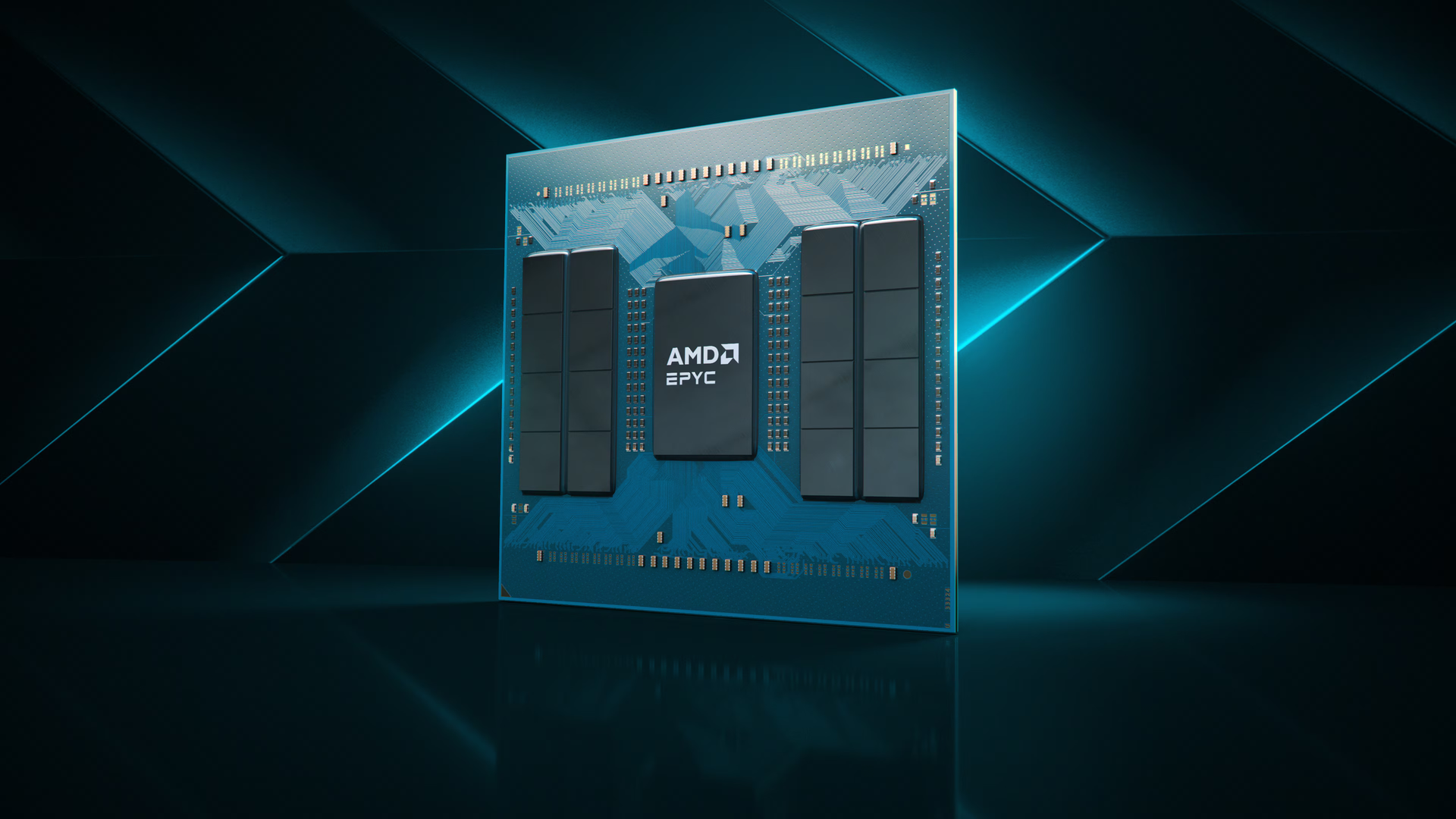 AMD EPYC server processor on a blue motherboard with memory modules against a dark teal background