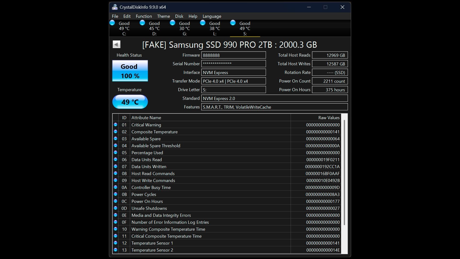 Screen showing CrystalDiskInfo SSD health at 100 with 49°C drive details and SMART attributes for a fake Samsung SSD 990 PRO 2TB
