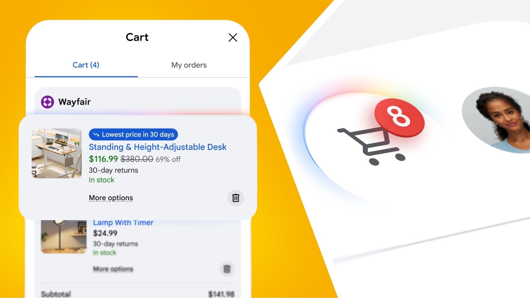 Cart screen showing Wayfair item standing height adjustable desk with price and stock info in a rounded card on a yellow background
