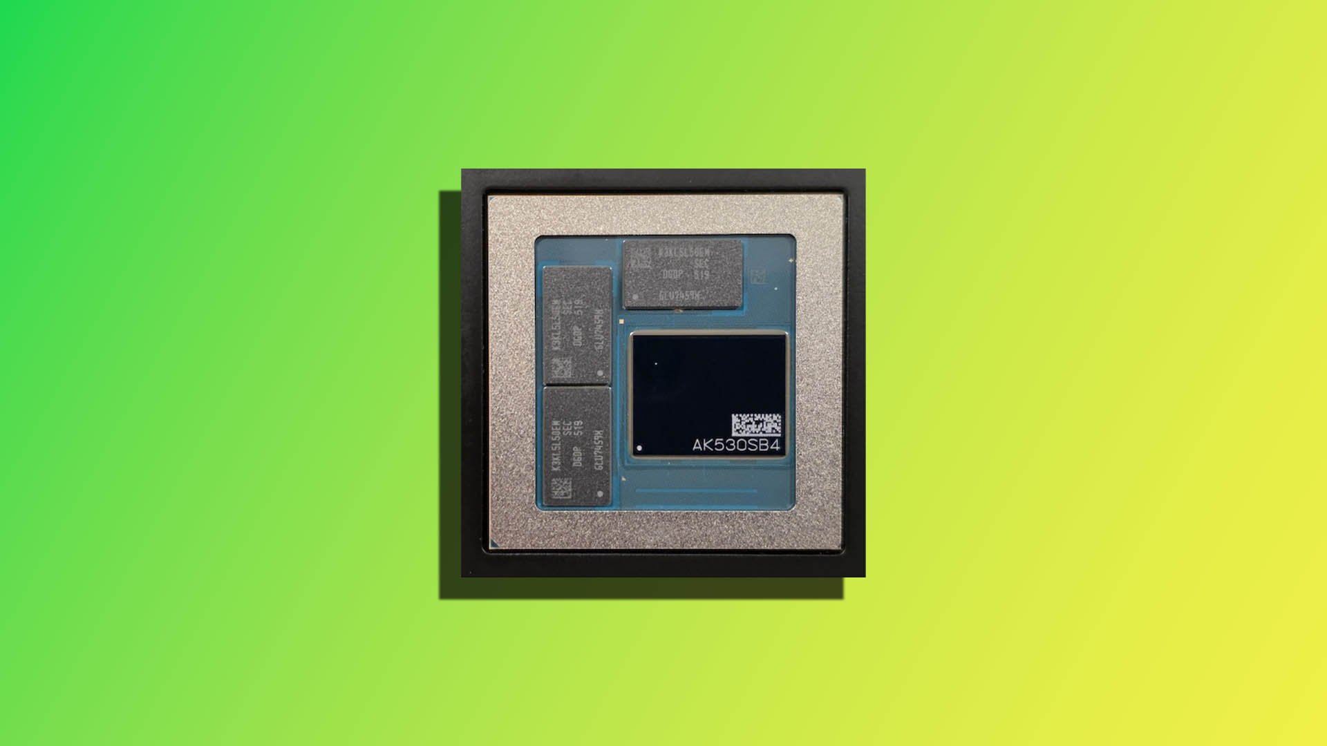 Close up of a blue circuit board with chips inside a black square display frame on a lime green gradient background