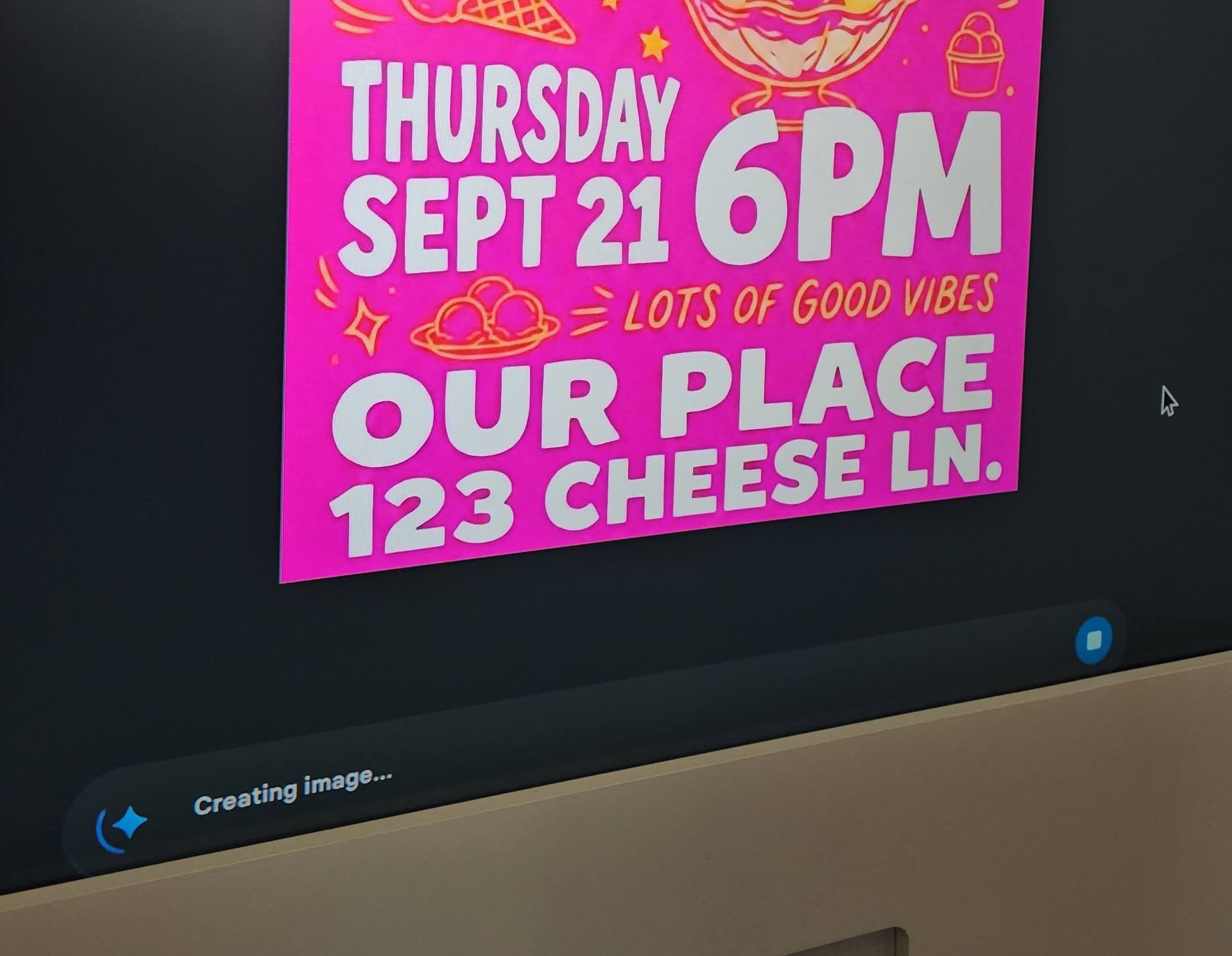 Bright pink event poster announcing Thursday Sept 21 at 6 PM at Our Place with cheese themed illustrations and Lots of good vibes text