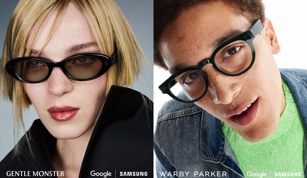 Two models wear sunglasses left a blonde woman in black cat eye frames right a freckled man in round glasses branding at the bottom