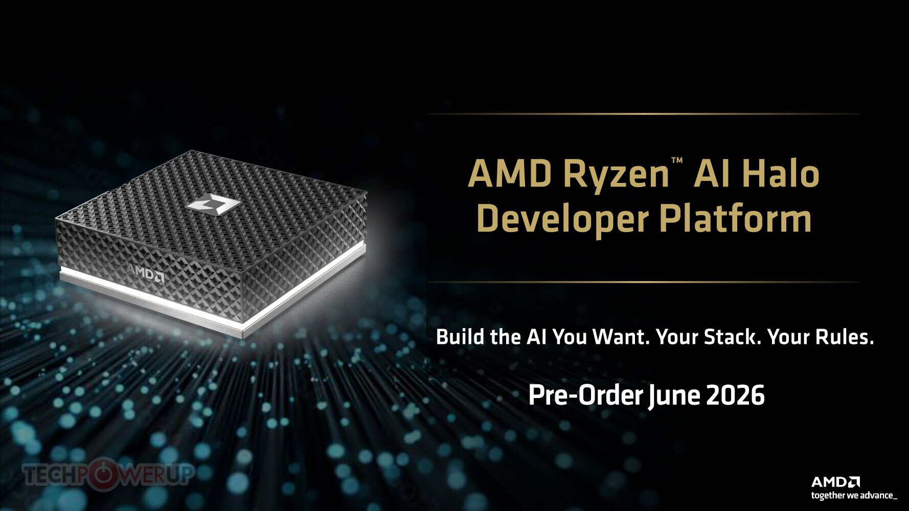 Promotional banner for AMD Ryzen AI Halo Developer Platform with a textured black device on the left and bold gold text announcing pre order for June 2026 on the right