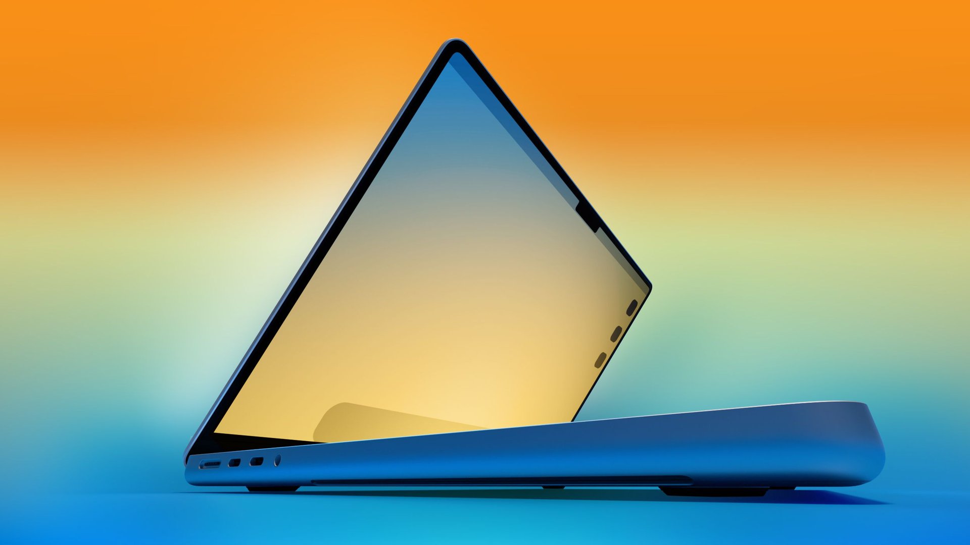 Blue laptop partially open on a blue surface against a warm orange to teal gradient background viewed from the side angle