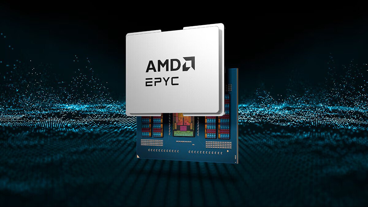 AMD EPYC server processor hovering above a blue motherboard with a dark digital background motif