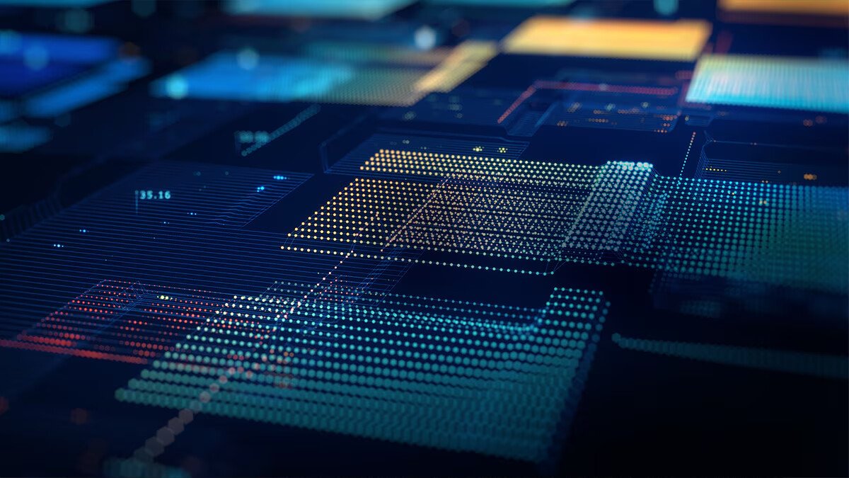 Abstract close up of a futuristic circuit like grid with glowing blue and teal dots and rectangles
