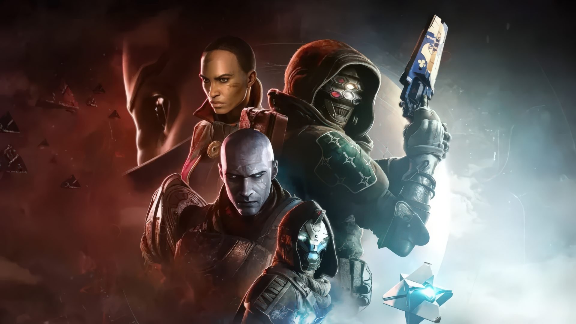 Three futuristic soldiers in armor stand back to back one wielding a glowing gun amid a redblue smoky battlefield backdrop