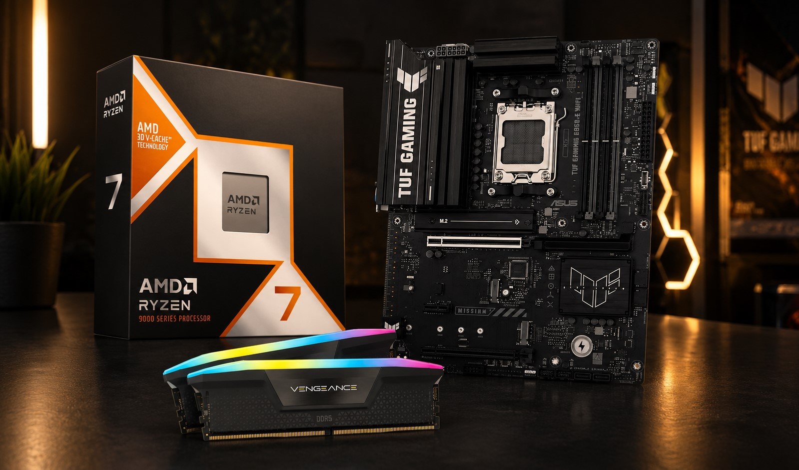 Boxed AMD Ryzen 7 9000 series CPU next to a black ASUS TUF Gaming motherboard and RGB lit Vengeance DDR5 RAM on a dark desk