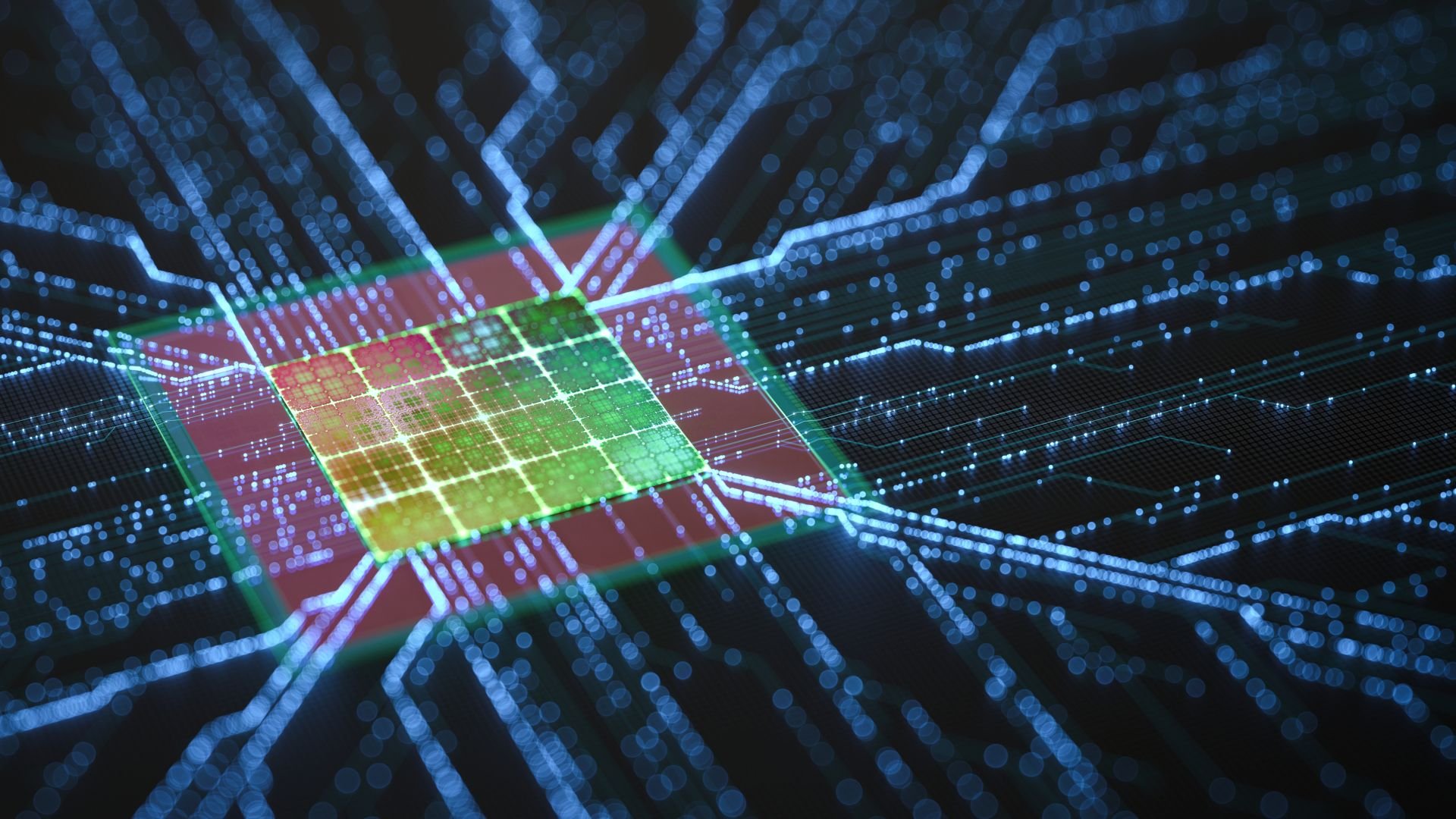 Close up of a colorful processor die surrounded by glowing blue circuit lines conveying a high tech digital concept