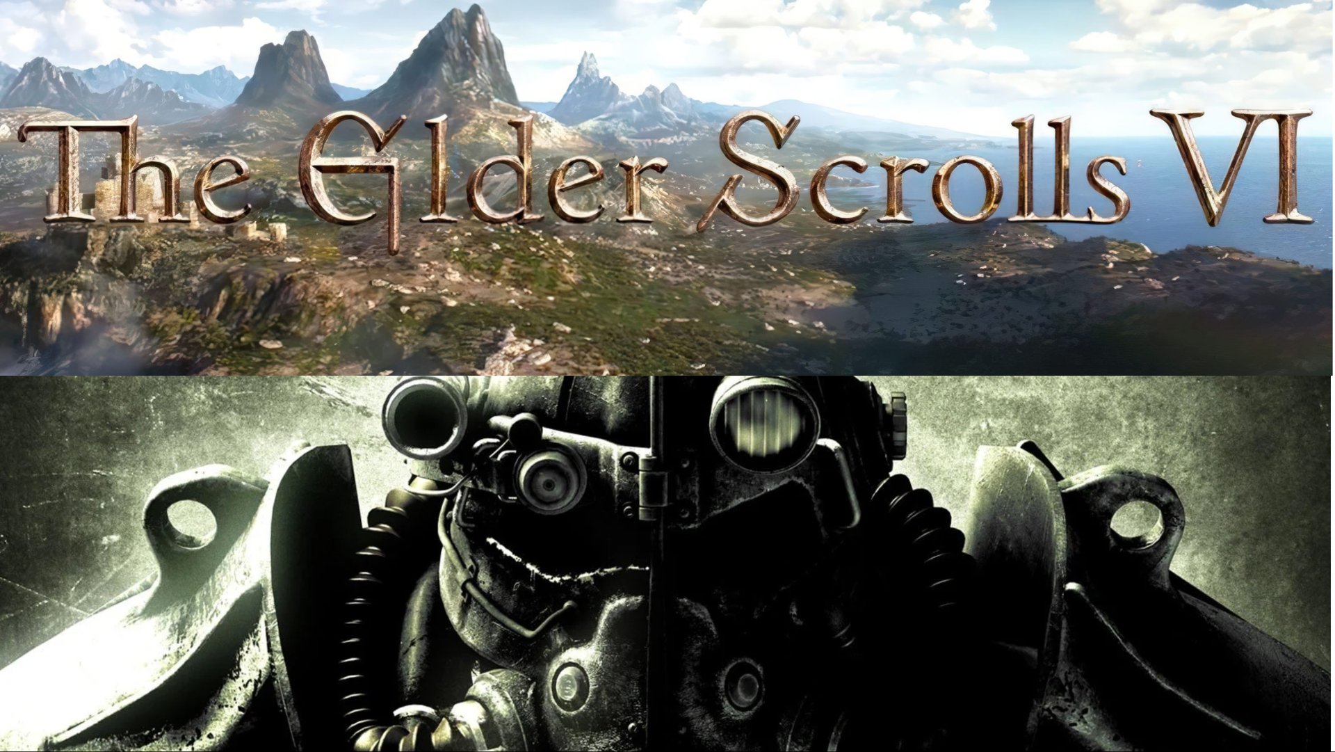 The Elder Scrolls VI title displayed over a rocky mountain landscape with blue sky a dark heavy machinerygas mask image occupies the lower half