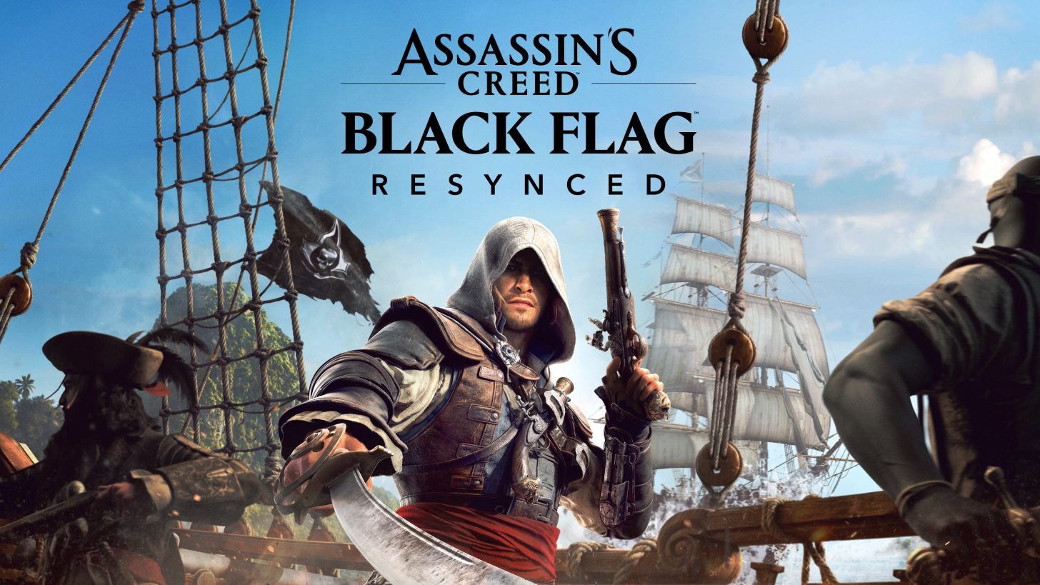 Promotional cover for Assassins Creed Black Flag Resynced showing a hooded pirate with a cutlass on a ship deck