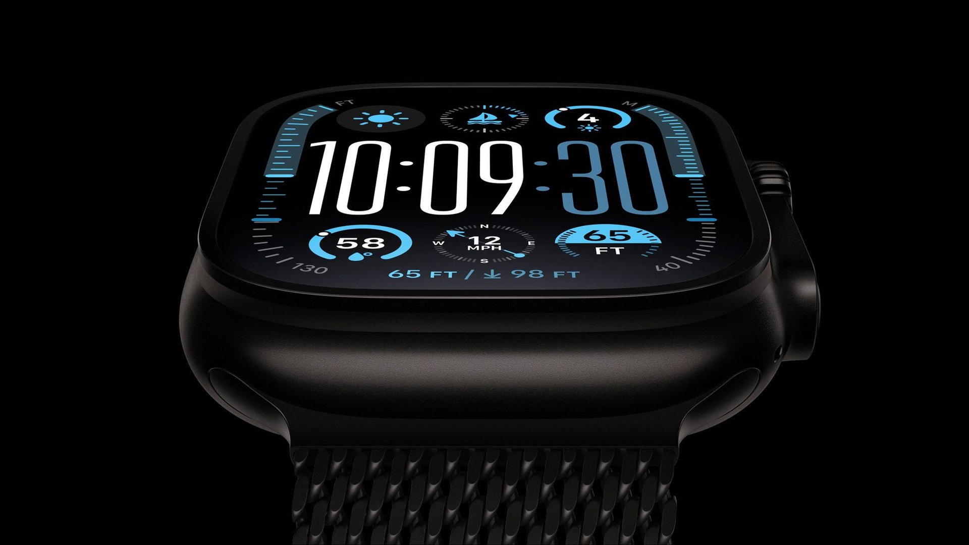 Close up of a black smartwatch face showing time 100930 with blue gauges around the edge on a dark background