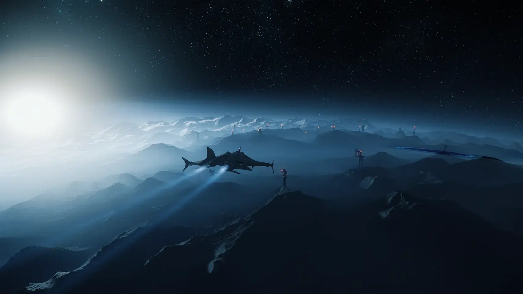 A futuristic aircraft flies low over snow covered mountains at night blue glow trailing from its engines under a starry sky with distant towers