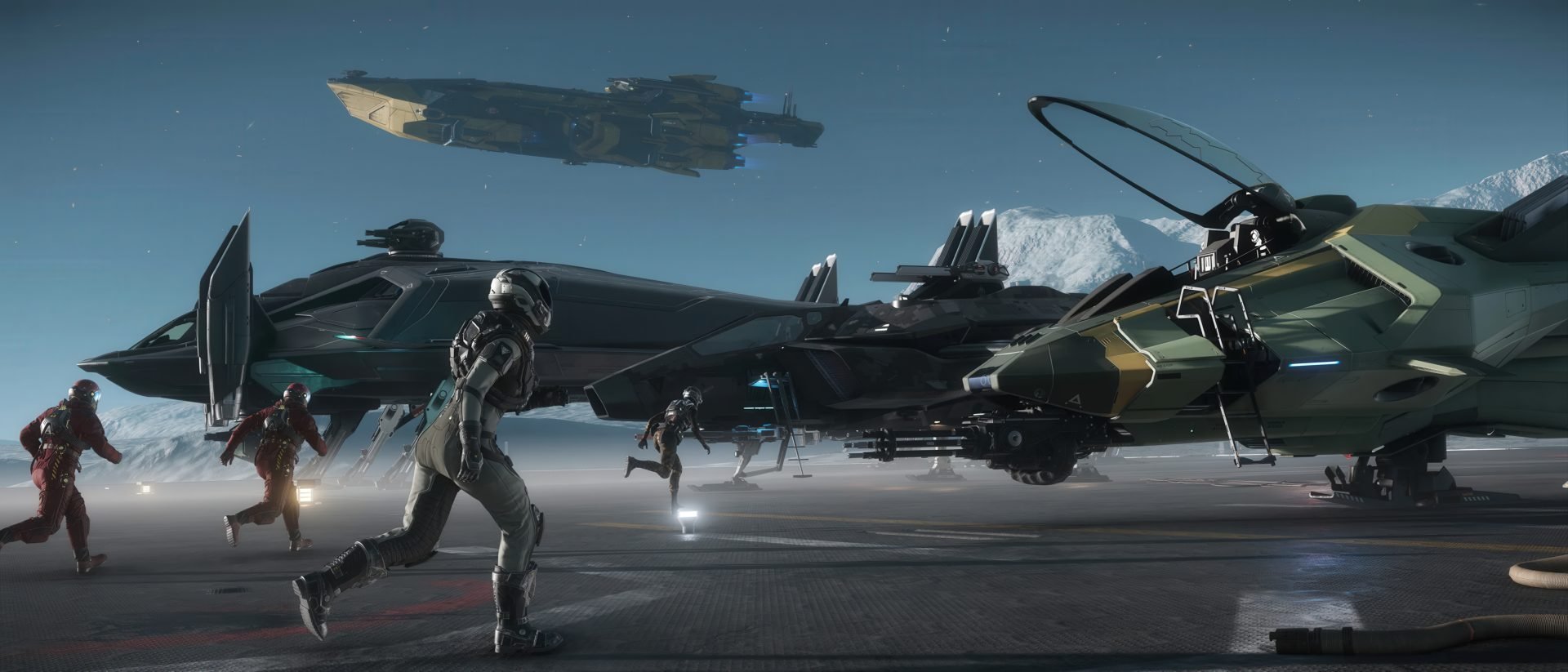 Sprinting crew in space suits approach a lineup of large futuristic fighter ships on a snowy landing pad A distant ship hovers in the sky above