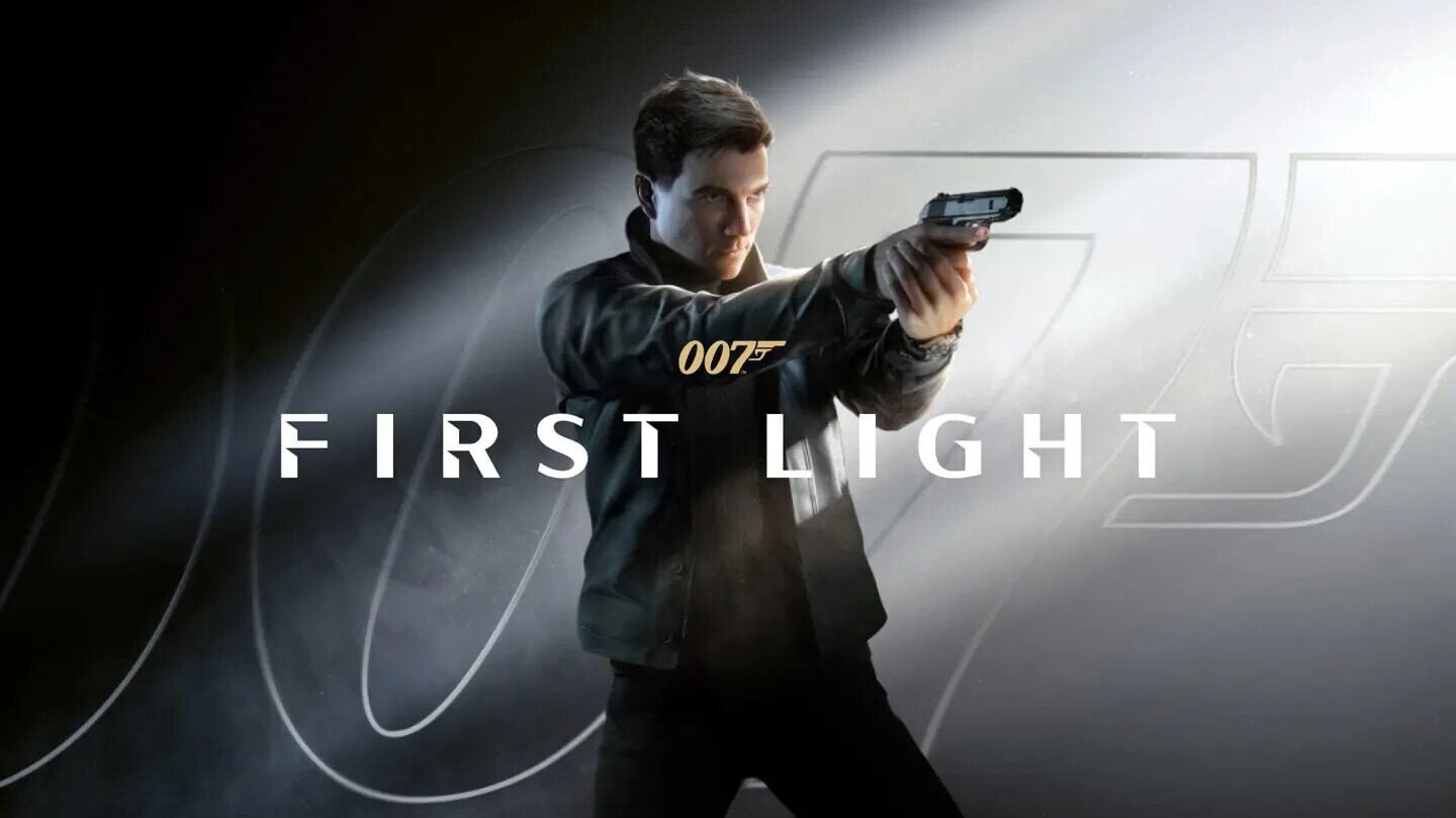 Man aiming a handgun in a promotional image for First Light with subtle 007 branding in the background