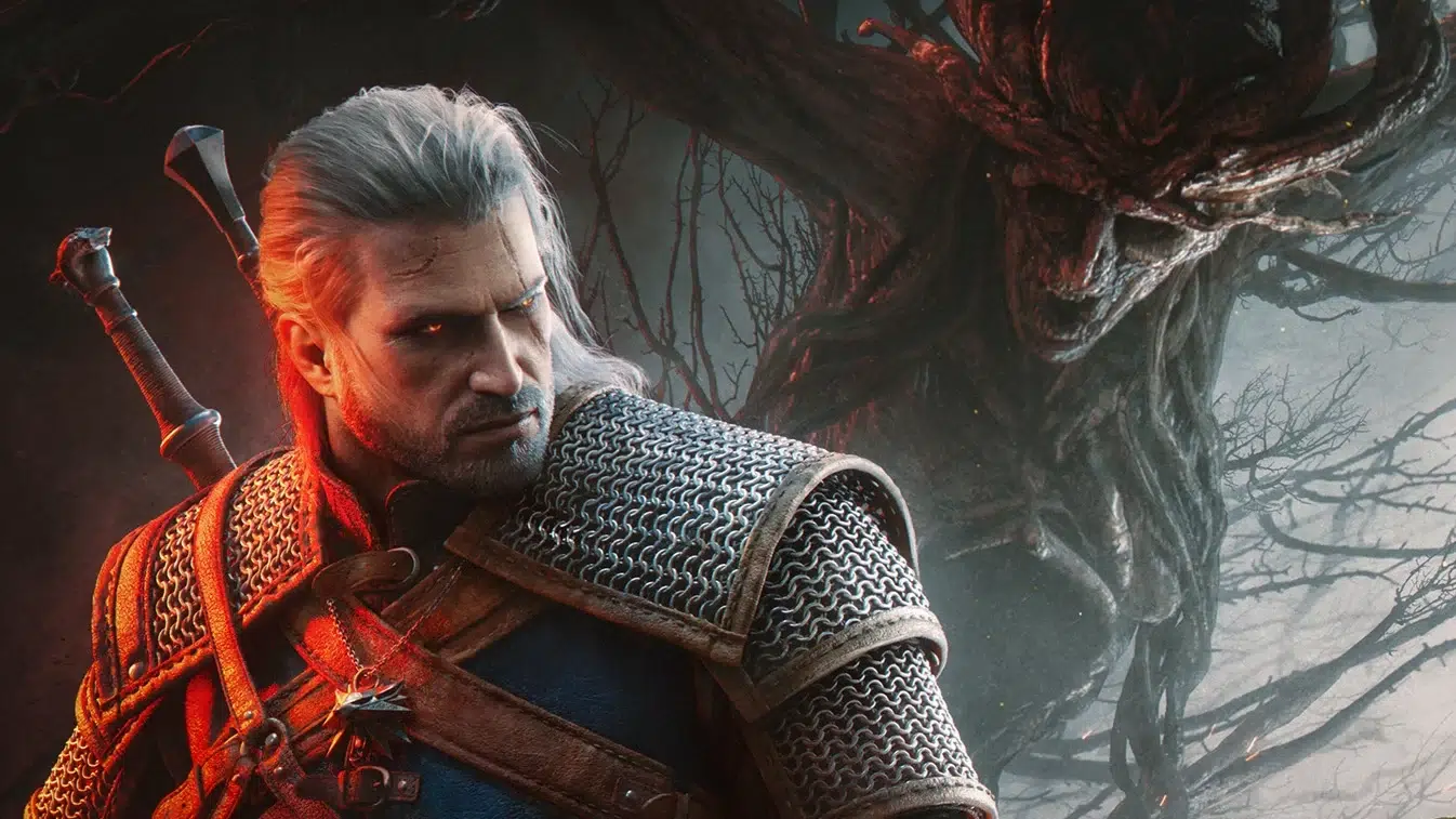 Geralt of Rivia in armor with a sword standing before a dark twisted tree like creature in a fantasy scene
