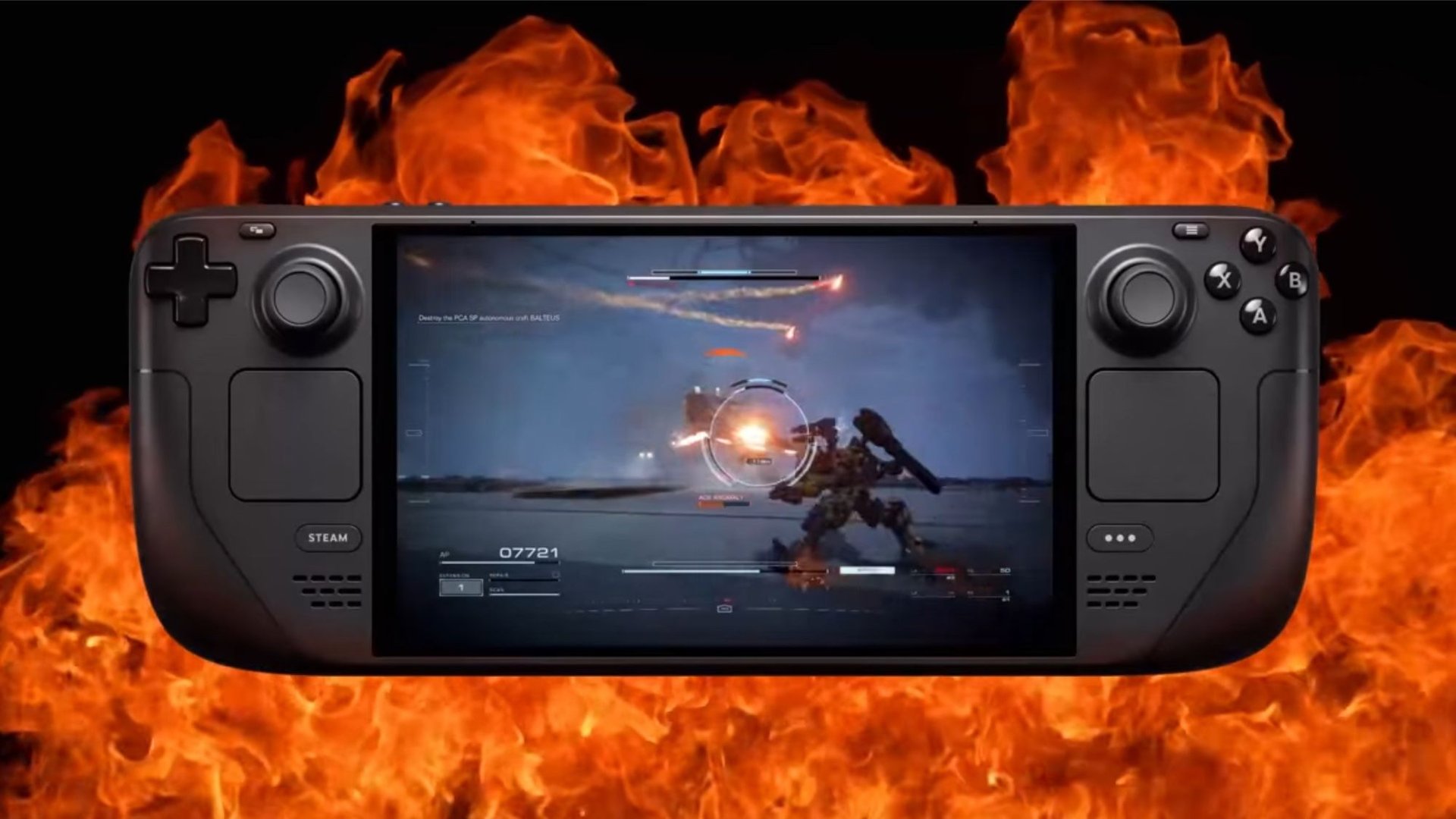 Steam Deck handheld console in front of flames playing a sci fi shooter with mechs on screen