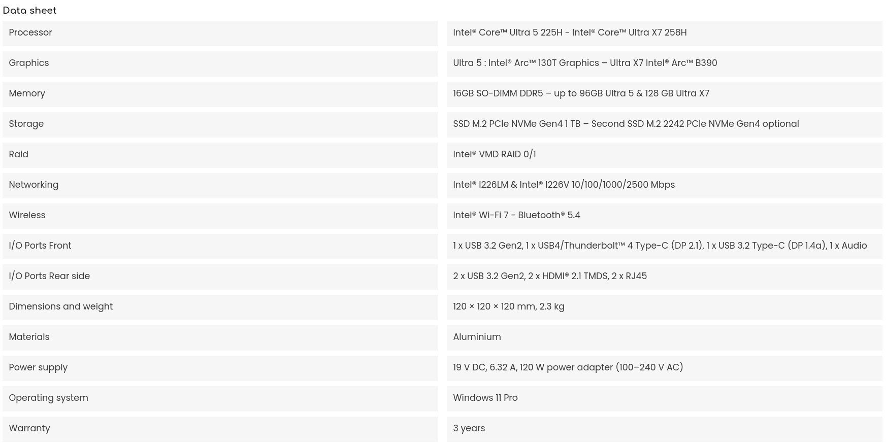 Data sheet table with left component categories Processor Graphics Memory Storage Raid Networking Wireless IO Ports FrontRear Dimensions and weight Materials Power supply Operating system Warranty and right corresponding specs eg Intel Core Ultra 5 225H 16GB DDR5 1 TB NVMe 2x USB ports 19V power