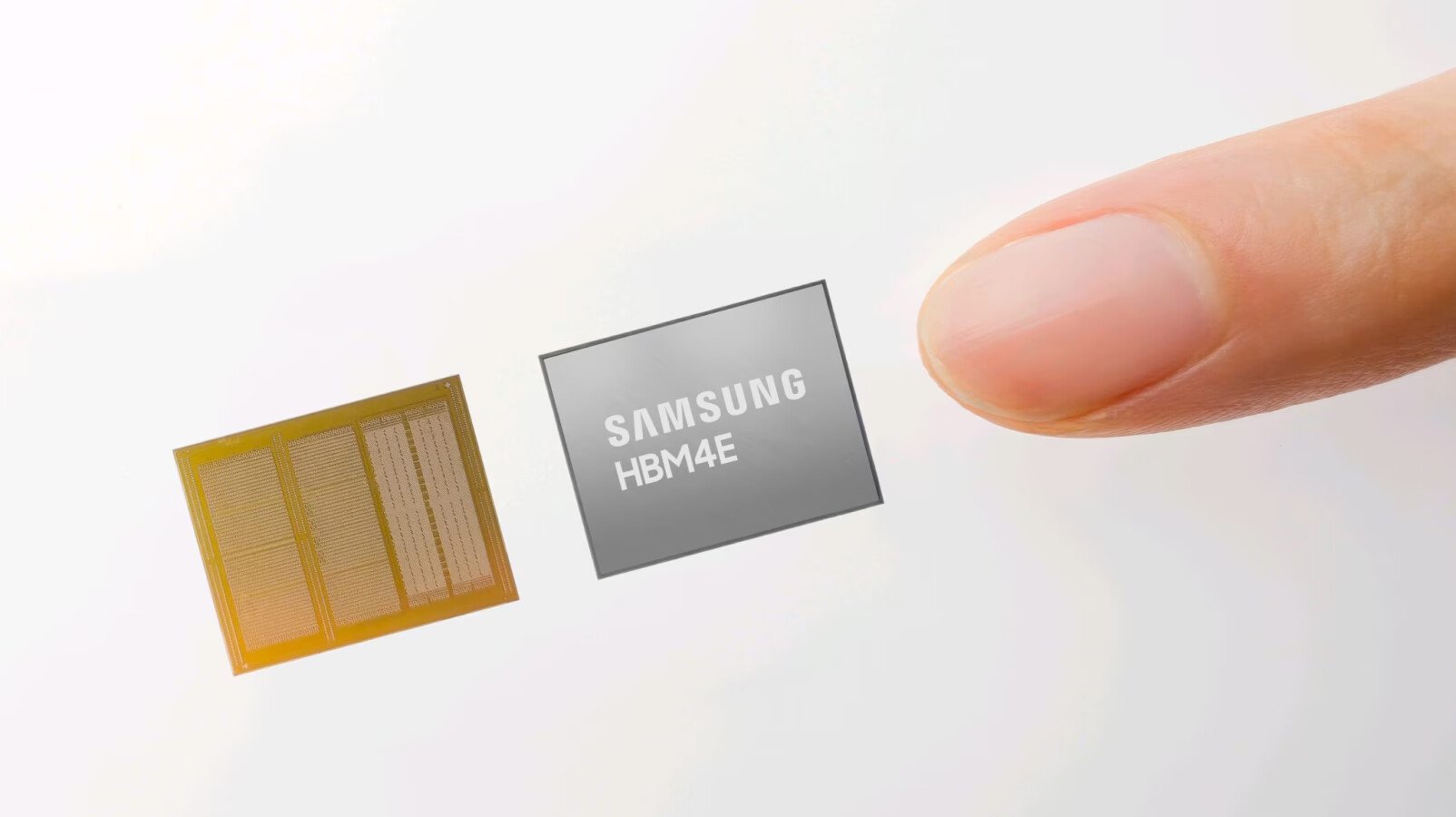 Finger approaching a Samsung HBM4E memory chip with an orange memory module nearby in a close up shot