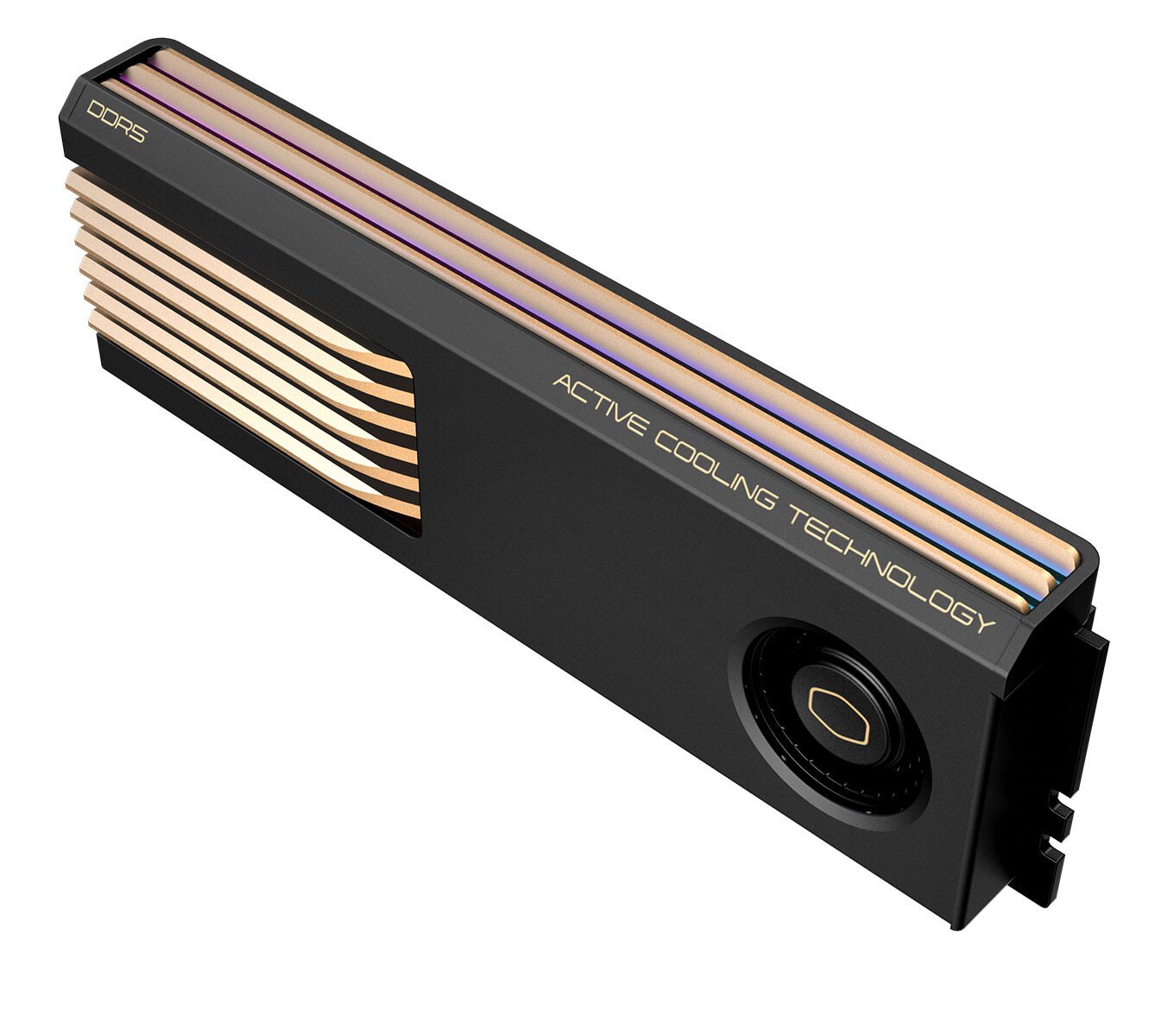 High end GPU cooling module with copper fins and Active Cooling Technology lettering labeled DDR5