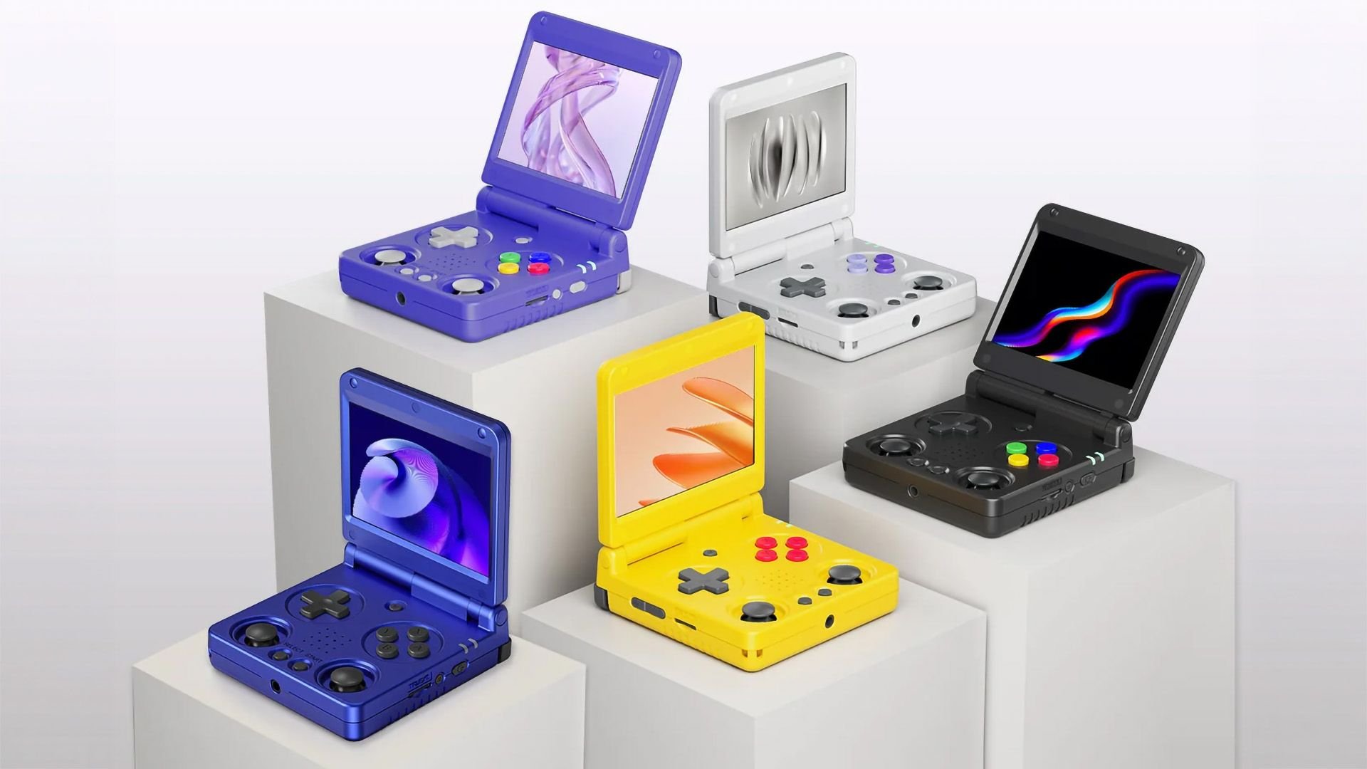 Row of colorful retro handheld game consoles on white display pedestals purple blue yellow white gray black