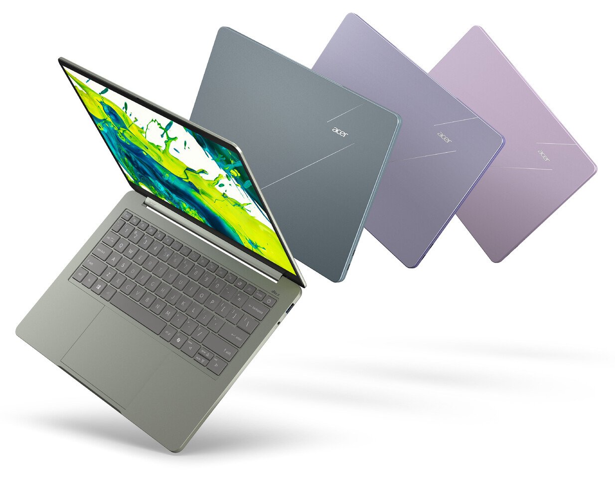 Gray Acer laptop open with a vibrant display shown with three colored lid variants blue lavender pink fanned behind it in a diagonal layout