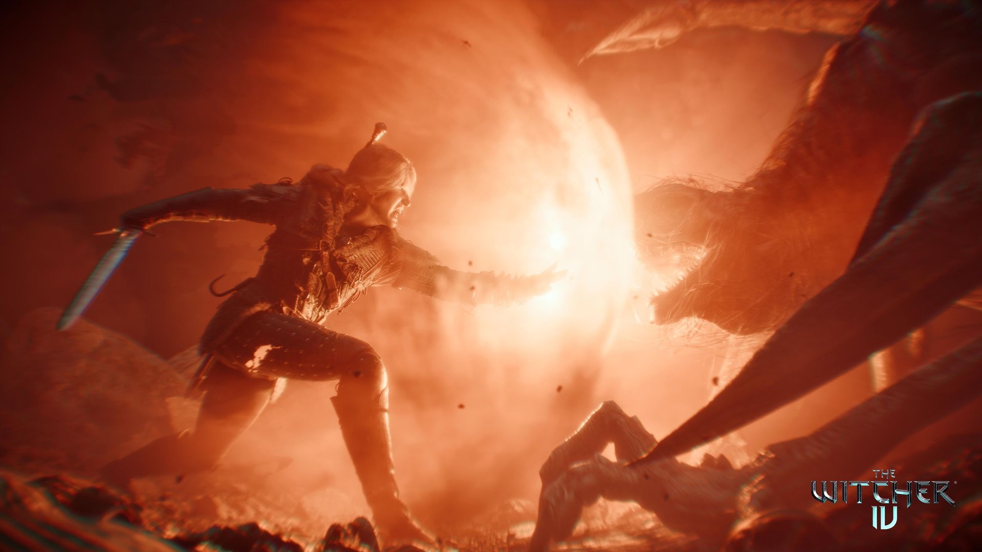 A female warrior in armor swinging a glowing sword amid intense flames and debris in a fiery environment The Witcher 4 logo in the corner