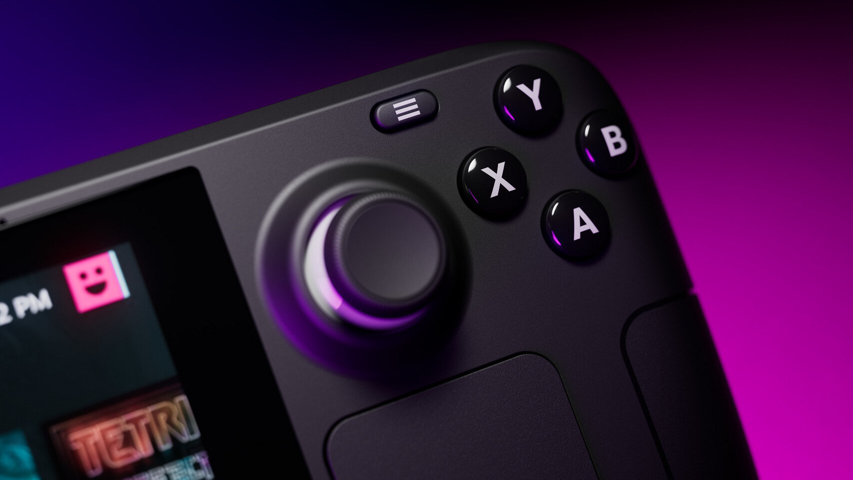 Close up of a game controllers X Y A B buttons with purple backlight