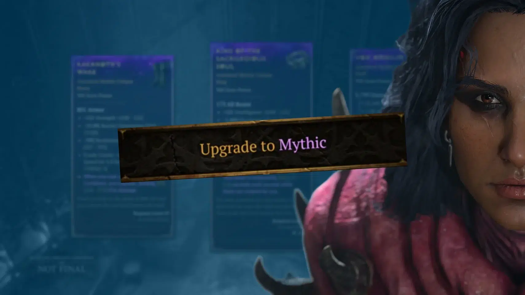 Decorative banner reading Upgrade to Mythic across the screen with a partial portrait of a character on the right