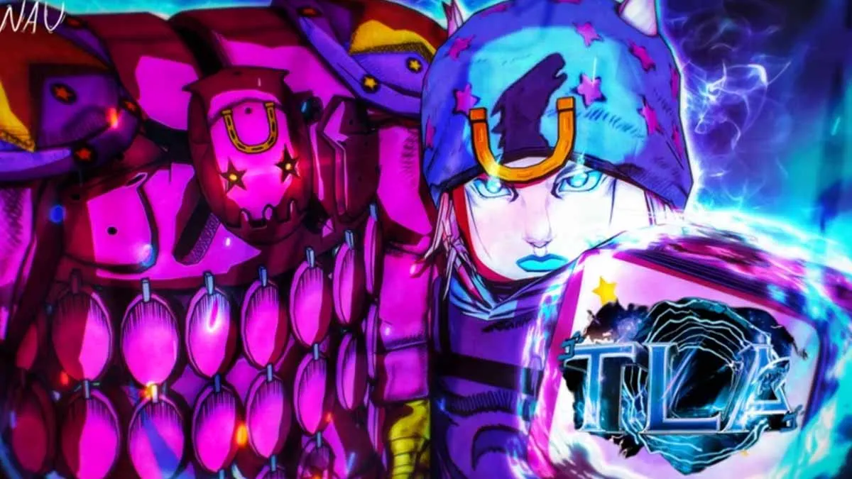 Two neon lit warriors in purple armor clash a bluelipped female fighter with a glowing shield bearing a blue TL logo to the right