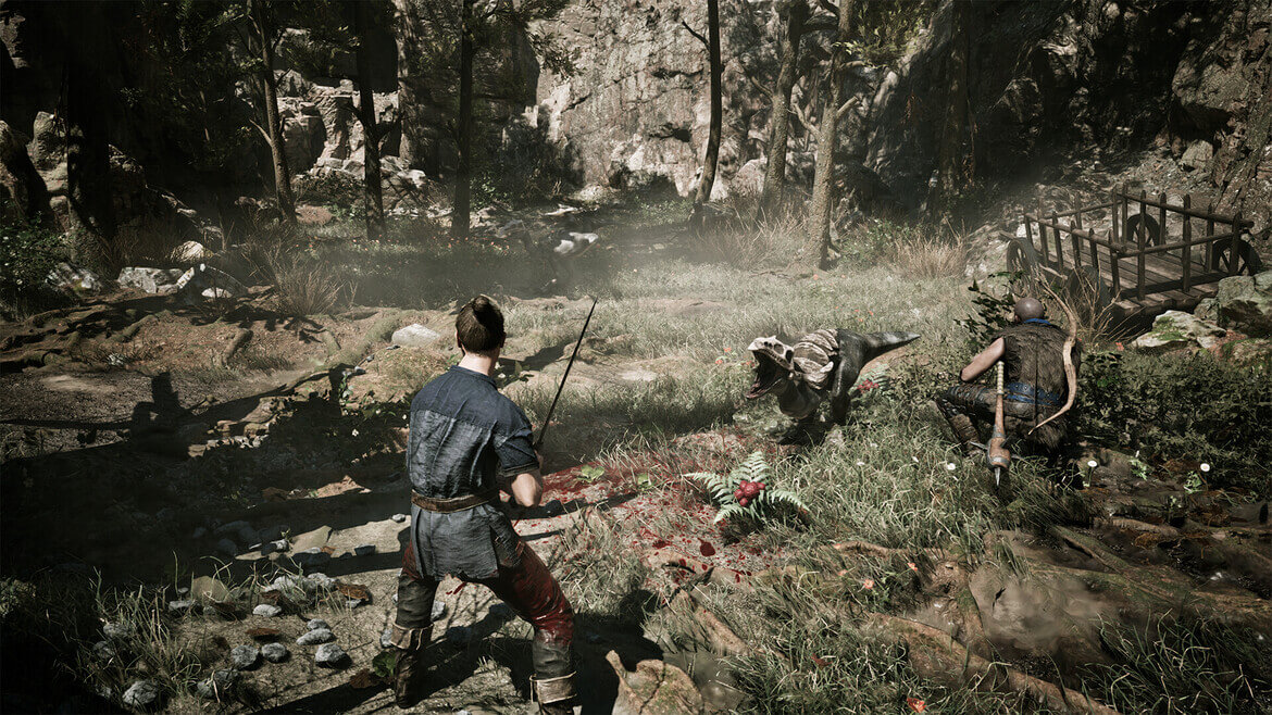 A warrior faces a snarling prehistoric creature in a forest clearing blood on the ground as combat continues