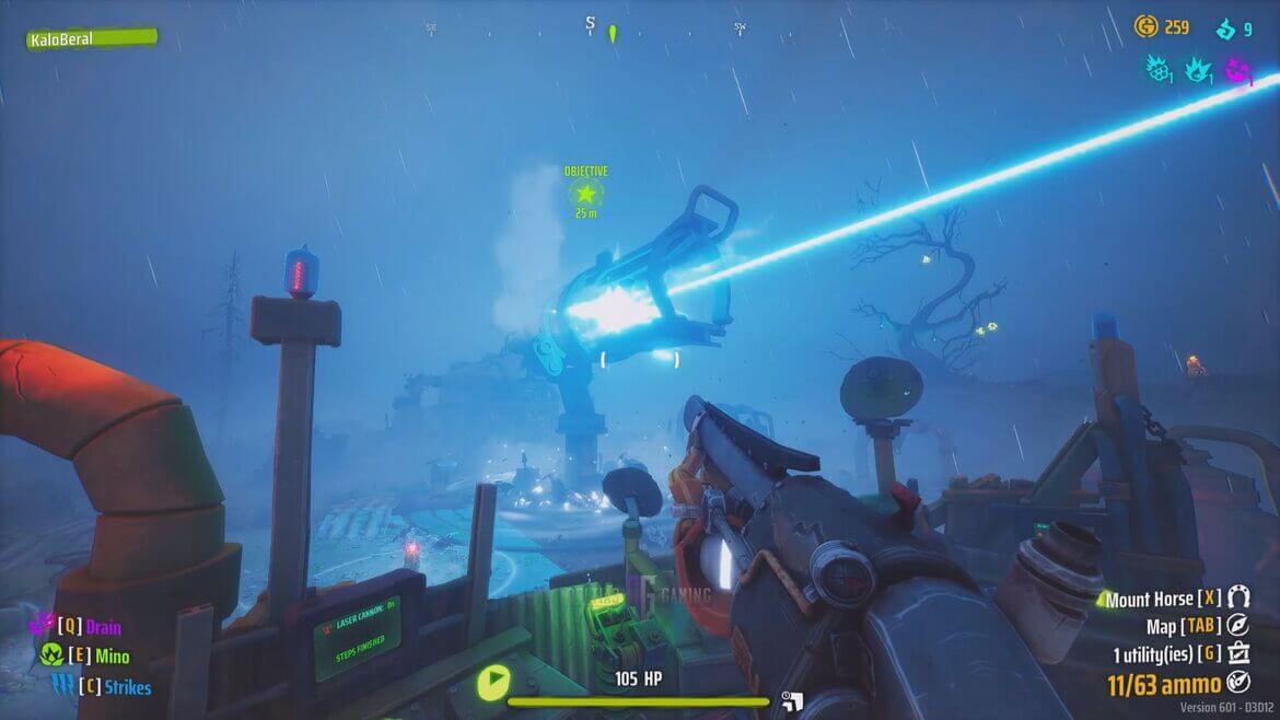 First person shooter view in a rainy neon lit landscape a bright blue laser beam arcs toward a distant objective marker 25 m away