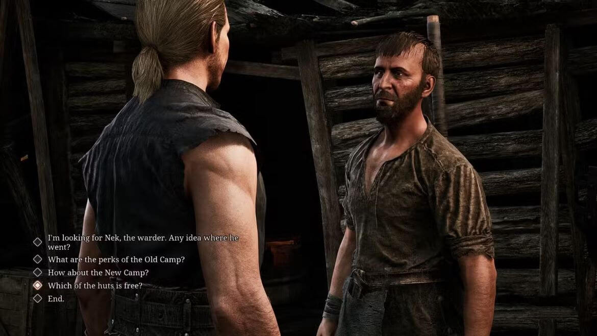 Two rugged men face off in a dark wooden hut on screen dialogue choices read about Nek and the Old Camp quest text