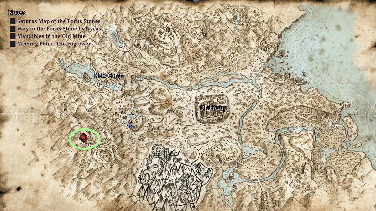 Stylized parchment map of a fantasy valley with Old Camp and New Camp rivers mountains and a highlighted target pin circled in green on the left side