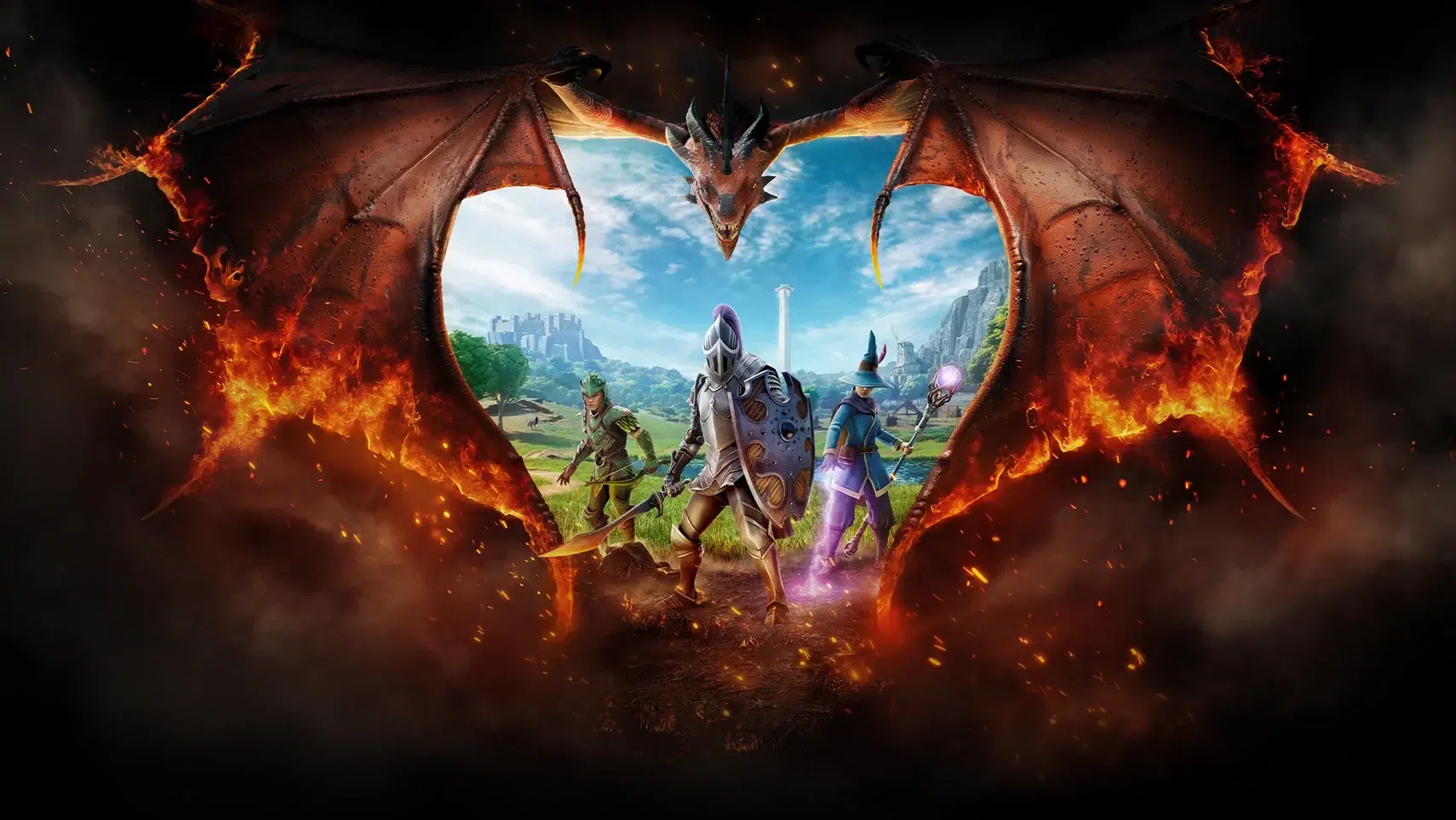 Dragon swoops above a trio of armored heroes as lava framed wings open a fiery gateway behind them in a fantasy battle scene