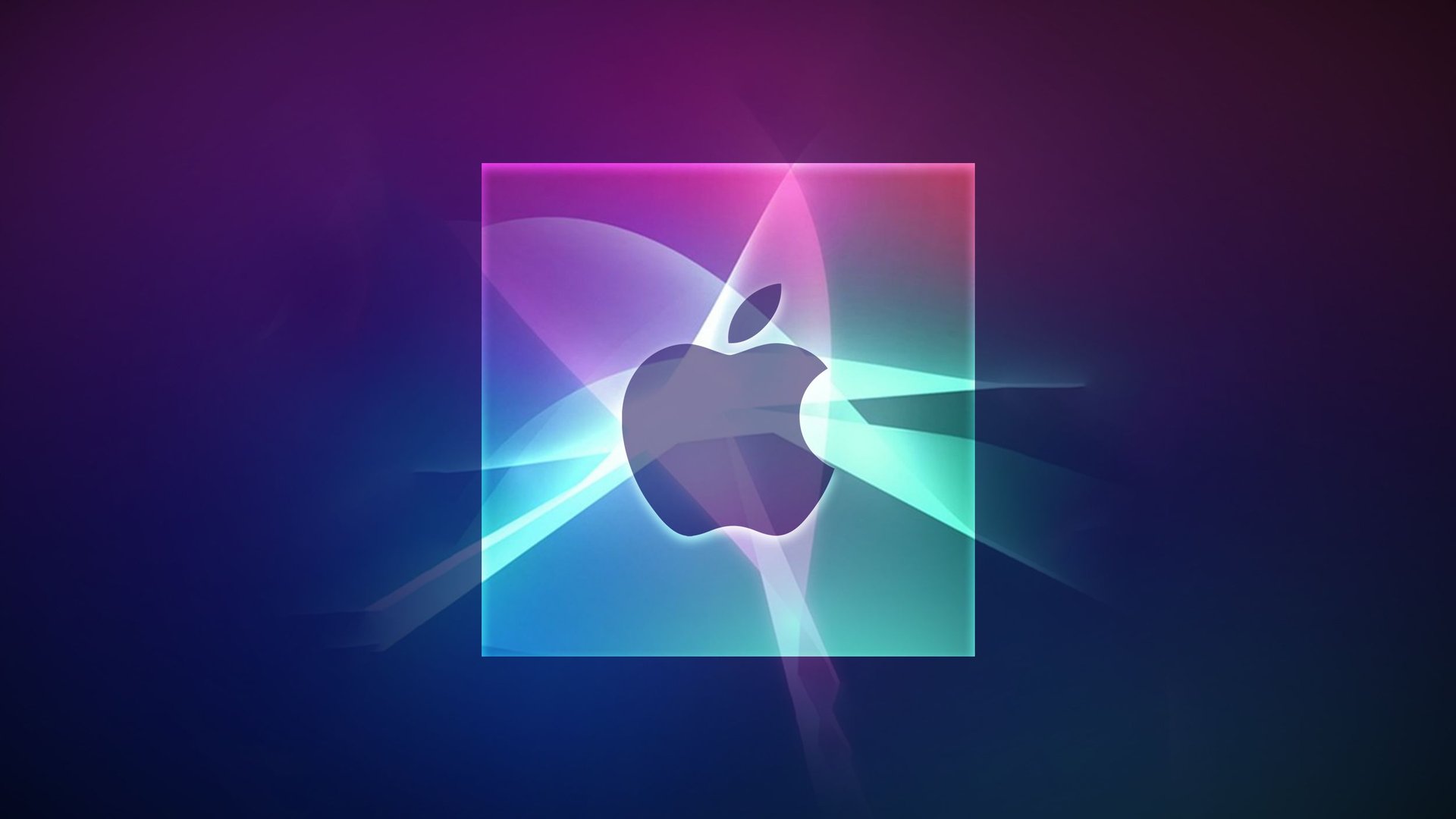 Apple logo centered on a glowing multicolored glass panel against a dark purple blue gradient background