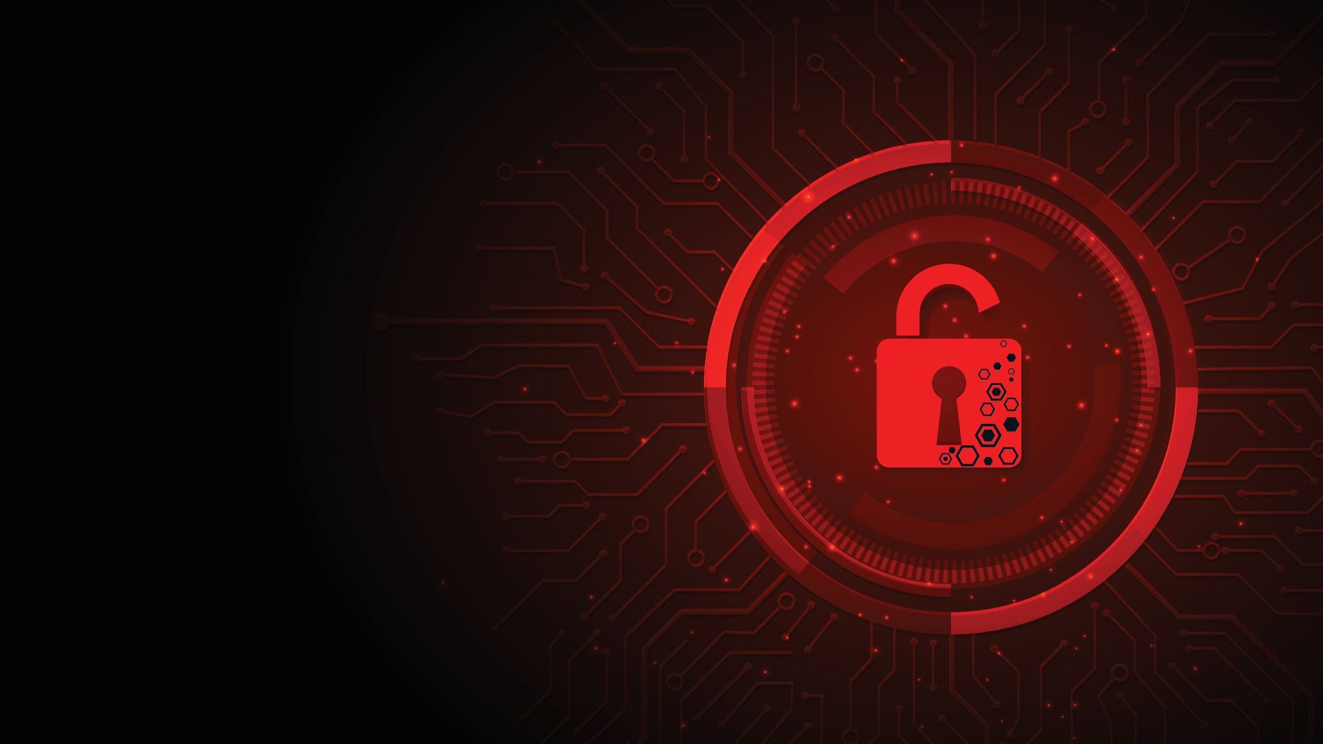 Open red padlock within a glowing red circular circuit design symbolizing cybersecurity and data protection