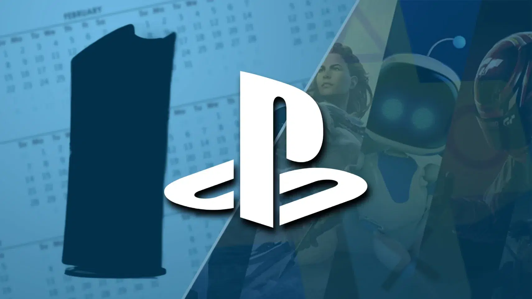 White PlayStation logo centered on a blue tech themed collage background