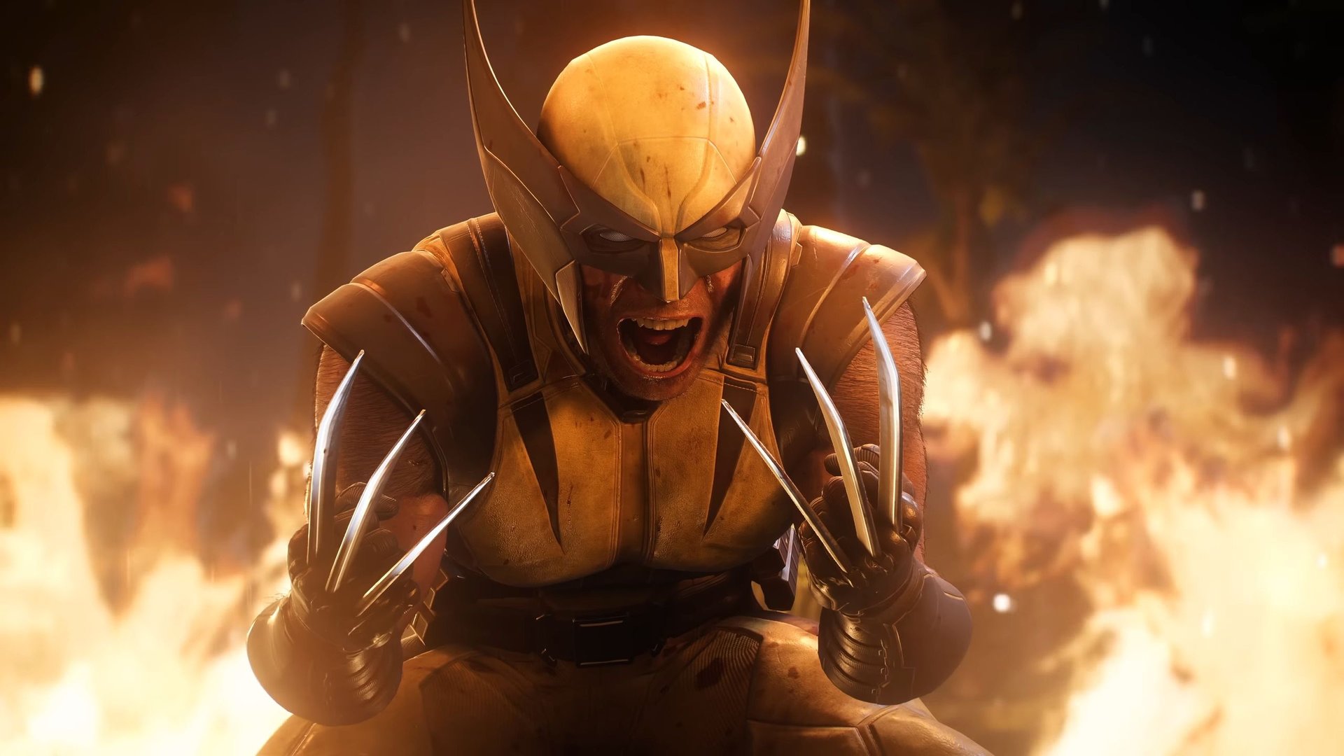 Fierce mutant in yellow armor snarling with extended metallic claws amid flames