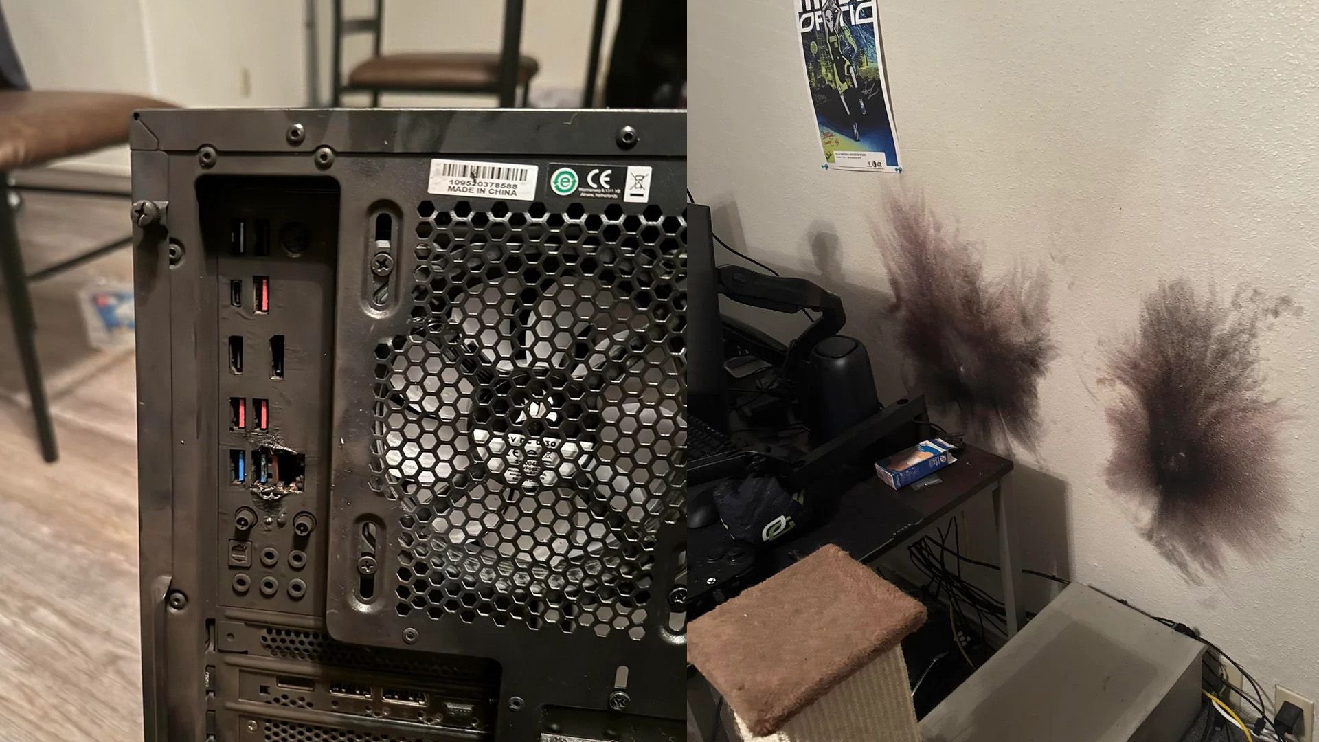 Back of a desktop PC with USB ports and fan grill a room corner is visible behind