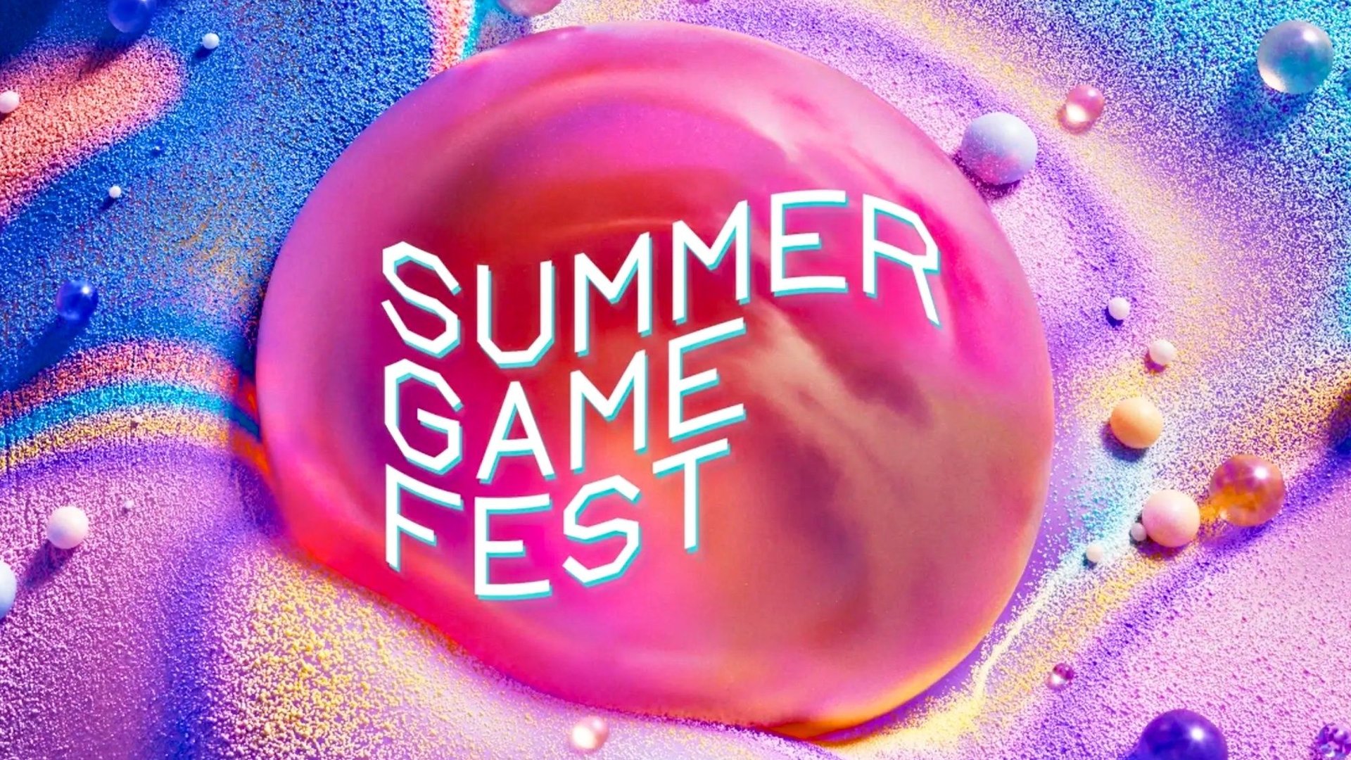 Bright pink orb with white SUMMER GAME FEST text on a vivid speckled multicolor background