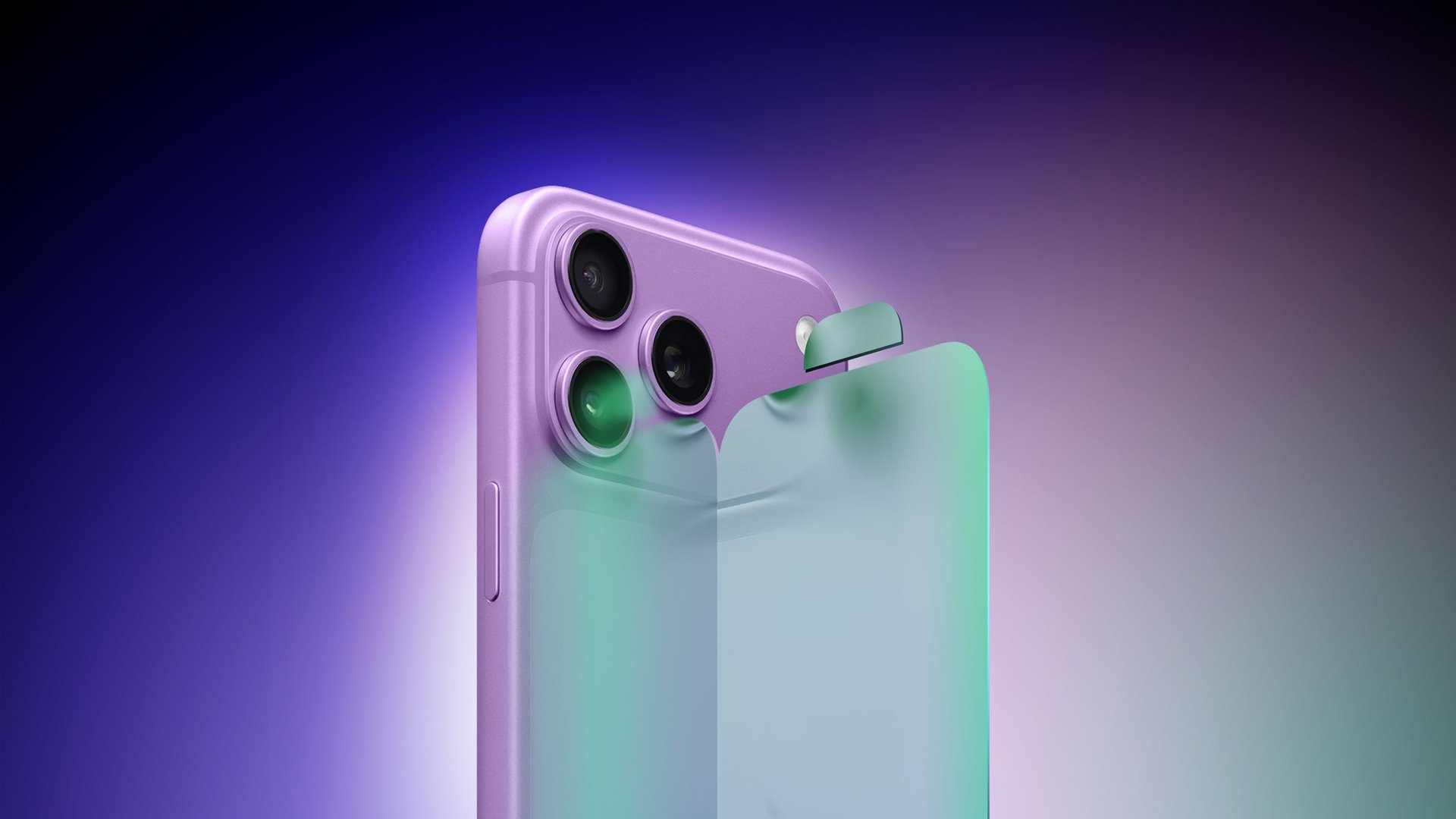 Close up of a purple iPhone with triple rear cameras showing a peeling screen protector against a gradient purple background