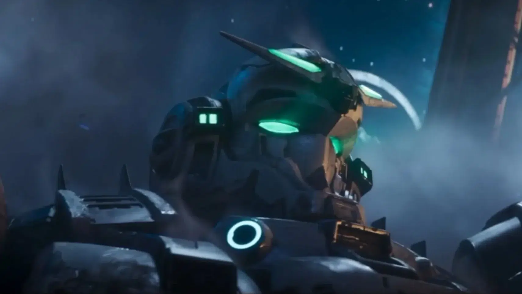 Futuristic armored mech with glowing green eyes and chest light in a smoky blue scifi scene