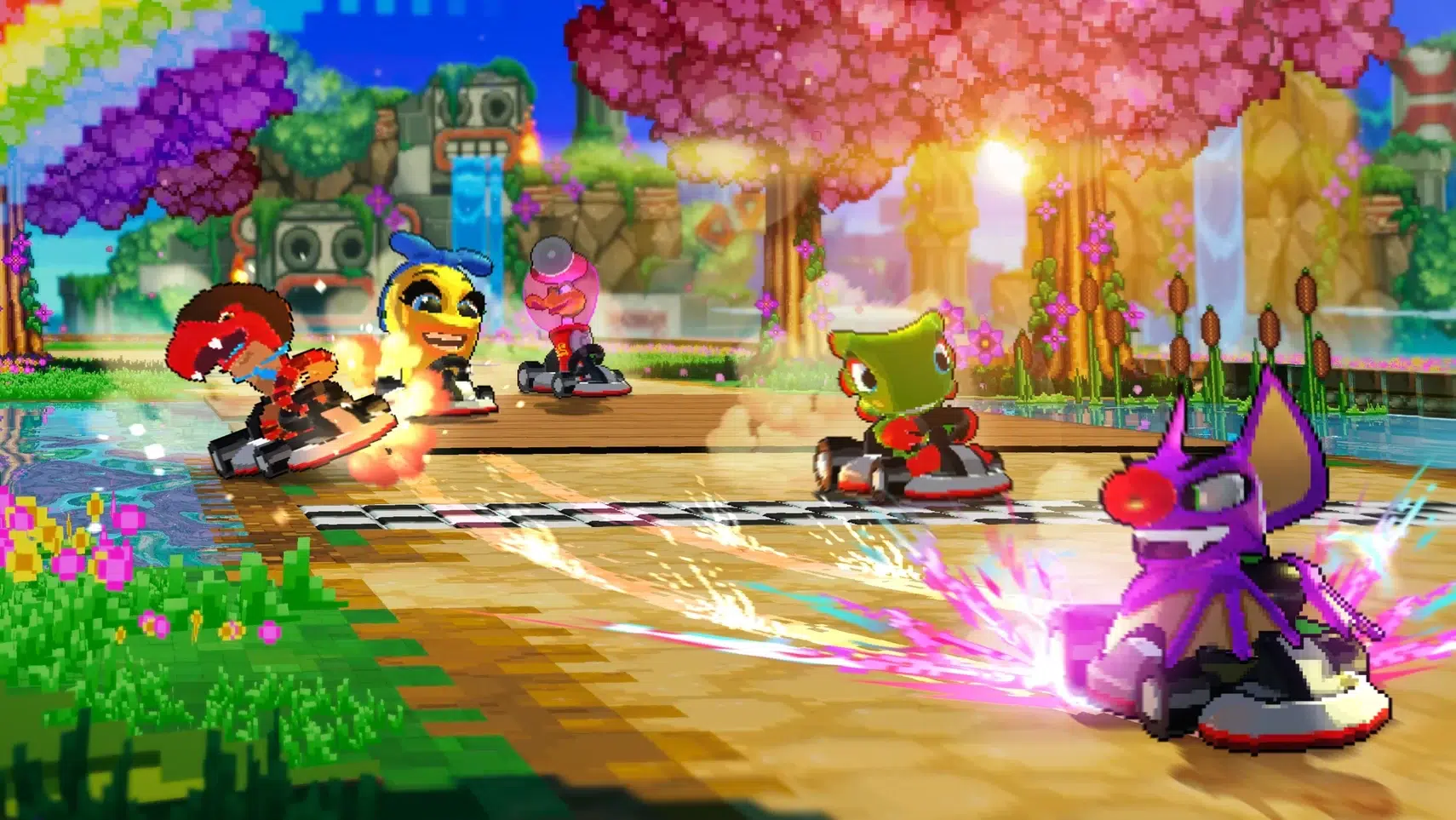 Colorful cartoon go kart race on a sunny flower filled track with bright trees and a rainbow backdrop