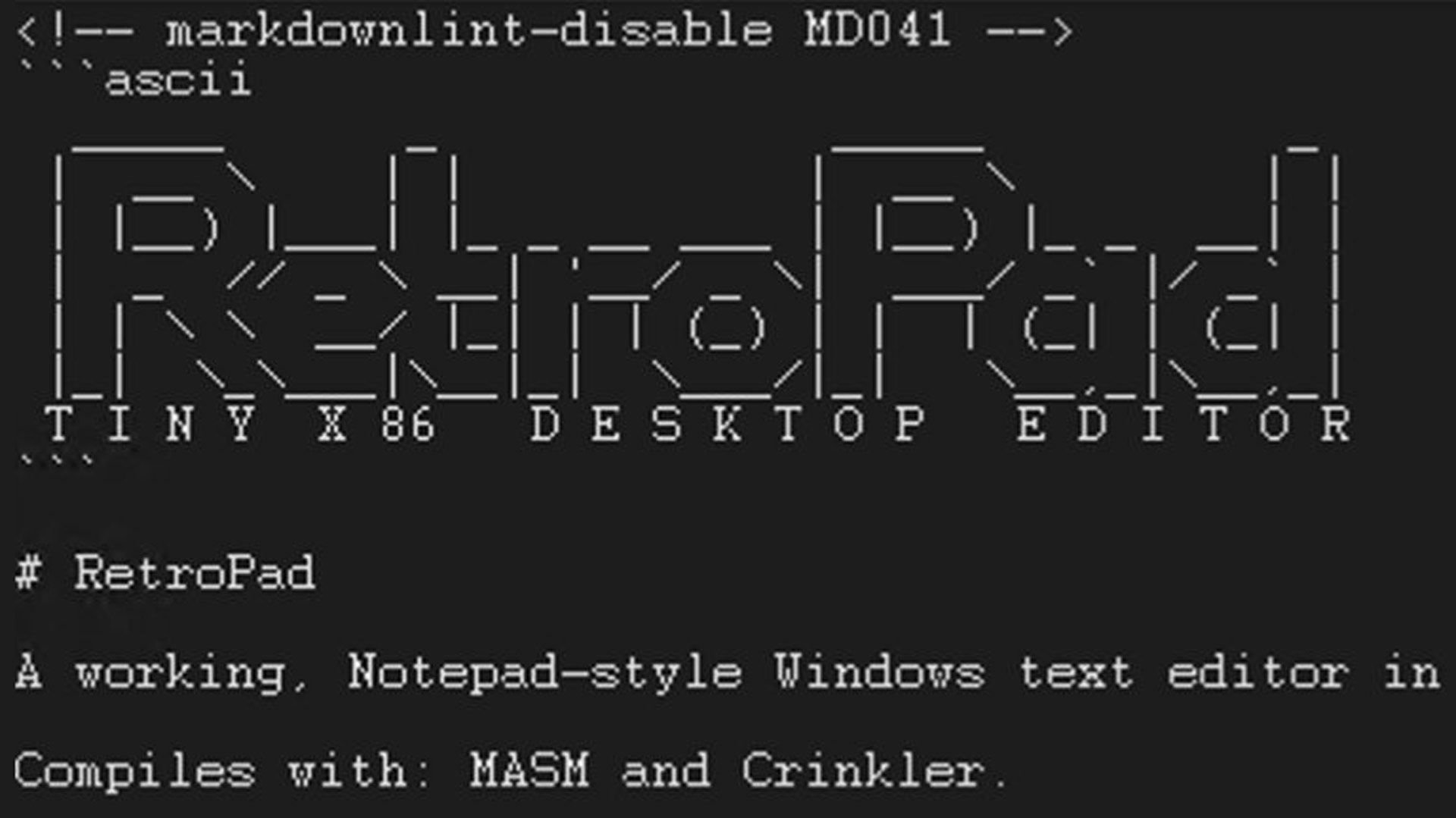 ASCII art banner spelling Tiny x86 Desktop in a monospaced font resembling a code editor header with a Notepad style caption
