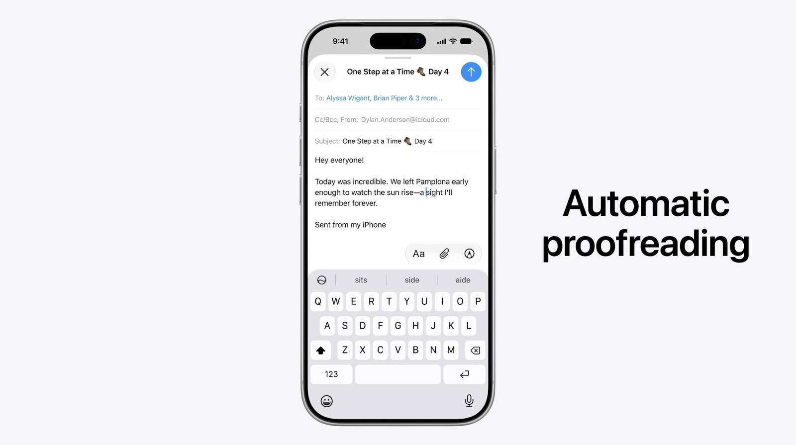 Phone screen displaying an email draft with a proofreading tool active keyboard visible and the words Automatic proofreading prominent on a gray background