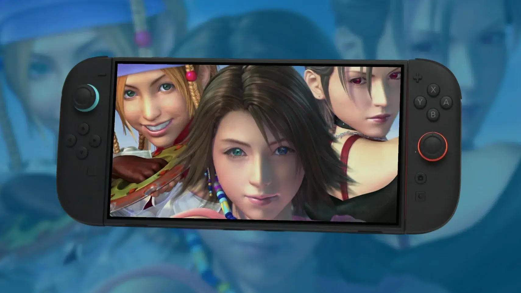 Handheld game console showing a close up of three animated characters on the screen